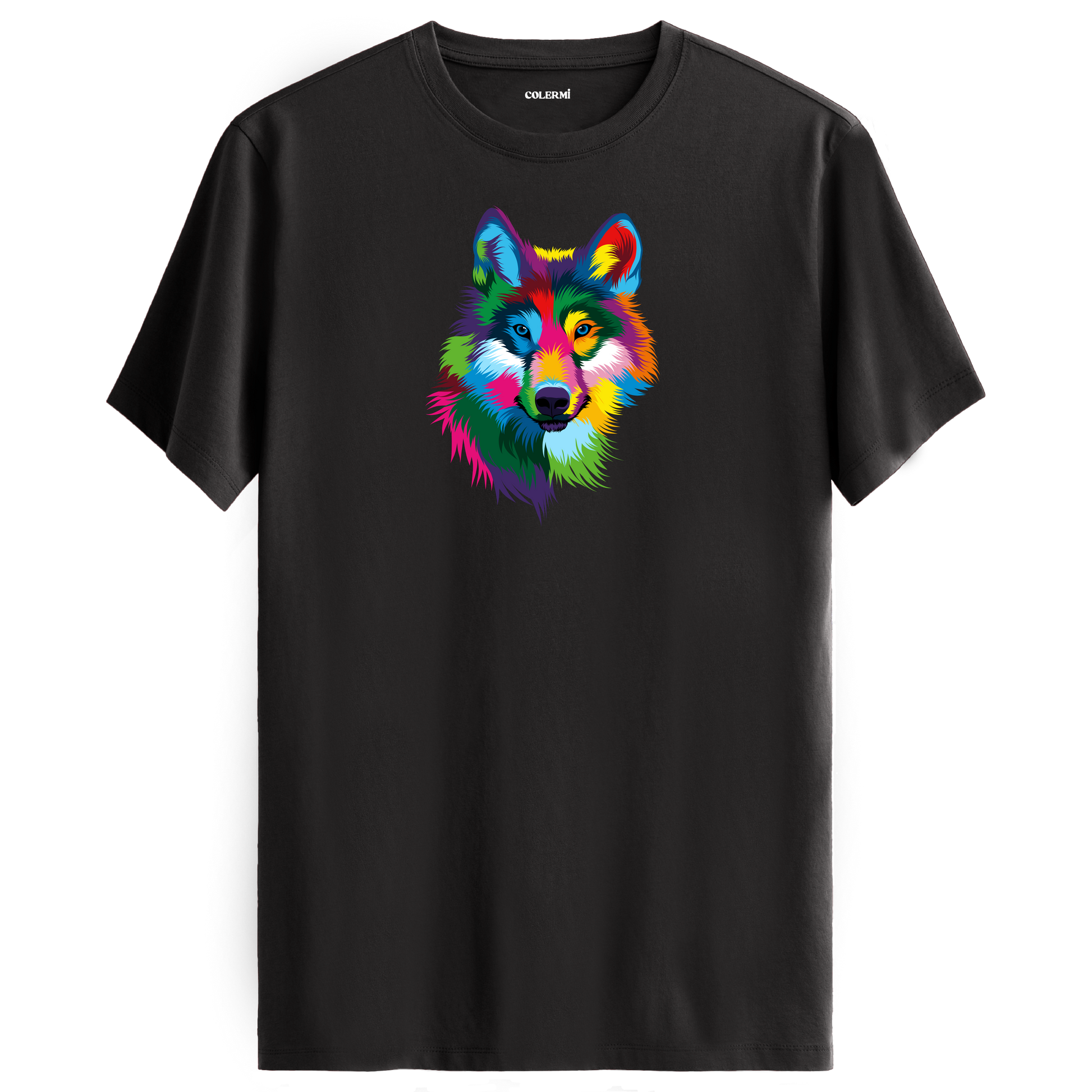 Antrasit tişört üzerinde renkli kurt tasarımı