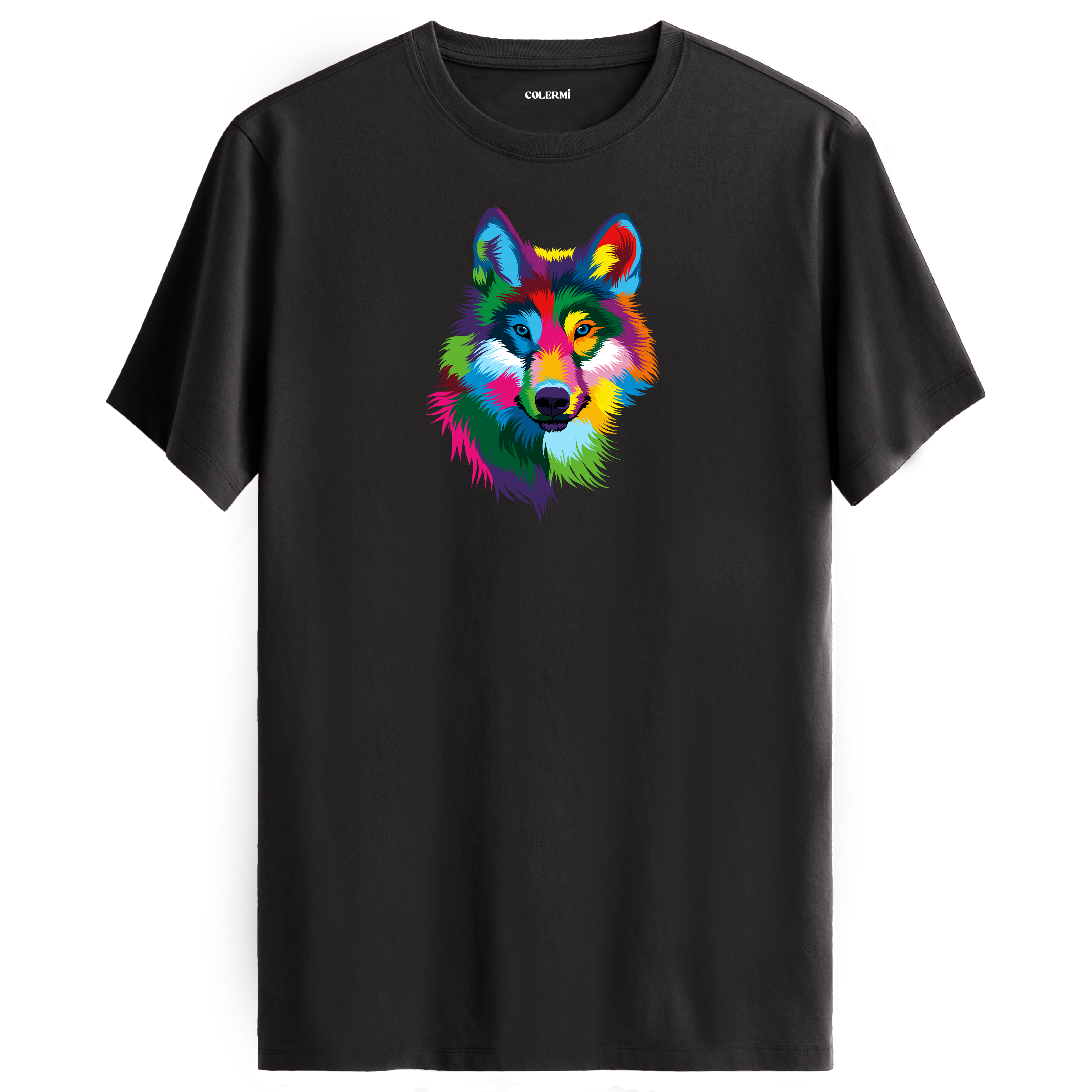 Antrasit tişört üzerinde renkli kurt tasarımı