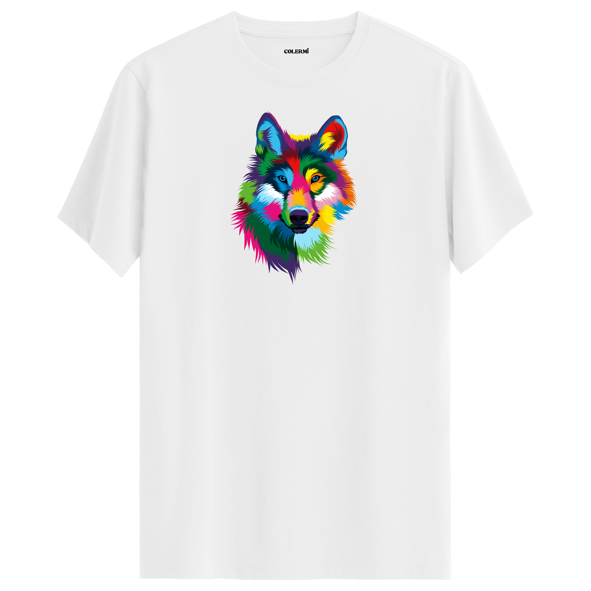 Beyaz tişört üzerinde renkli kurt tasarımı