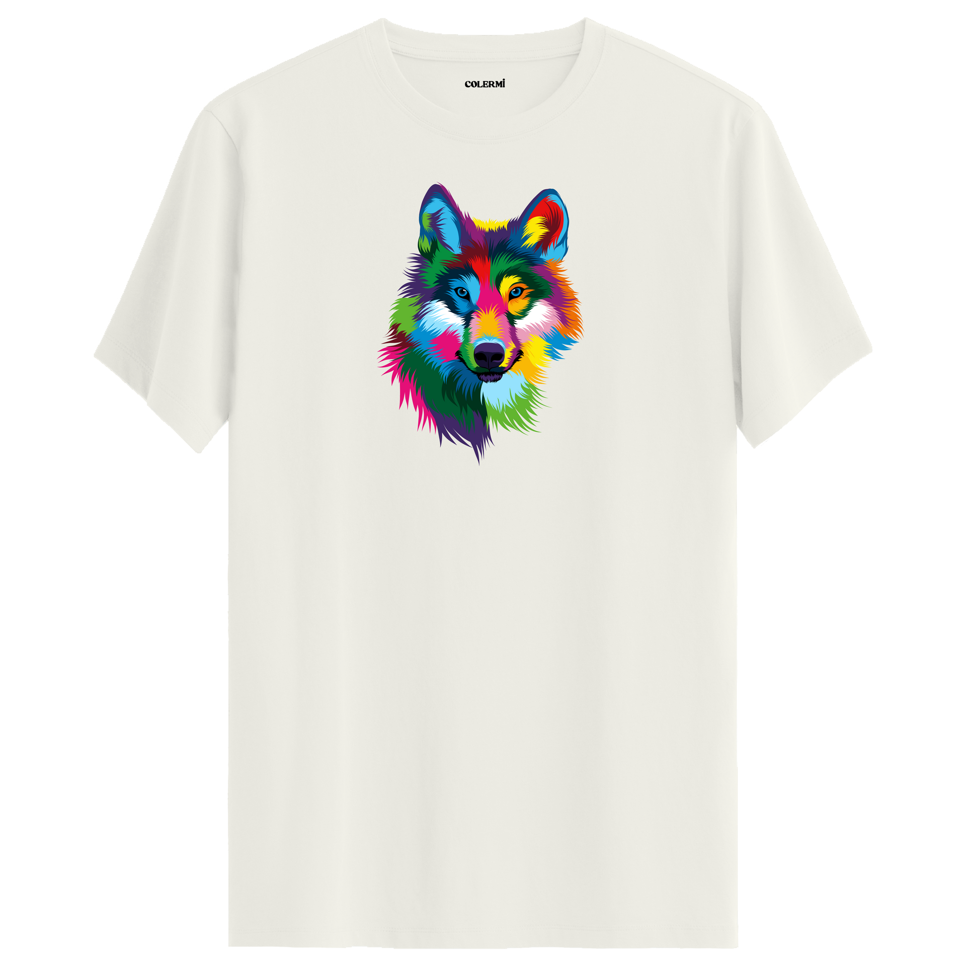 Ekru tişört üzerinde renkli kurt tasarımı
