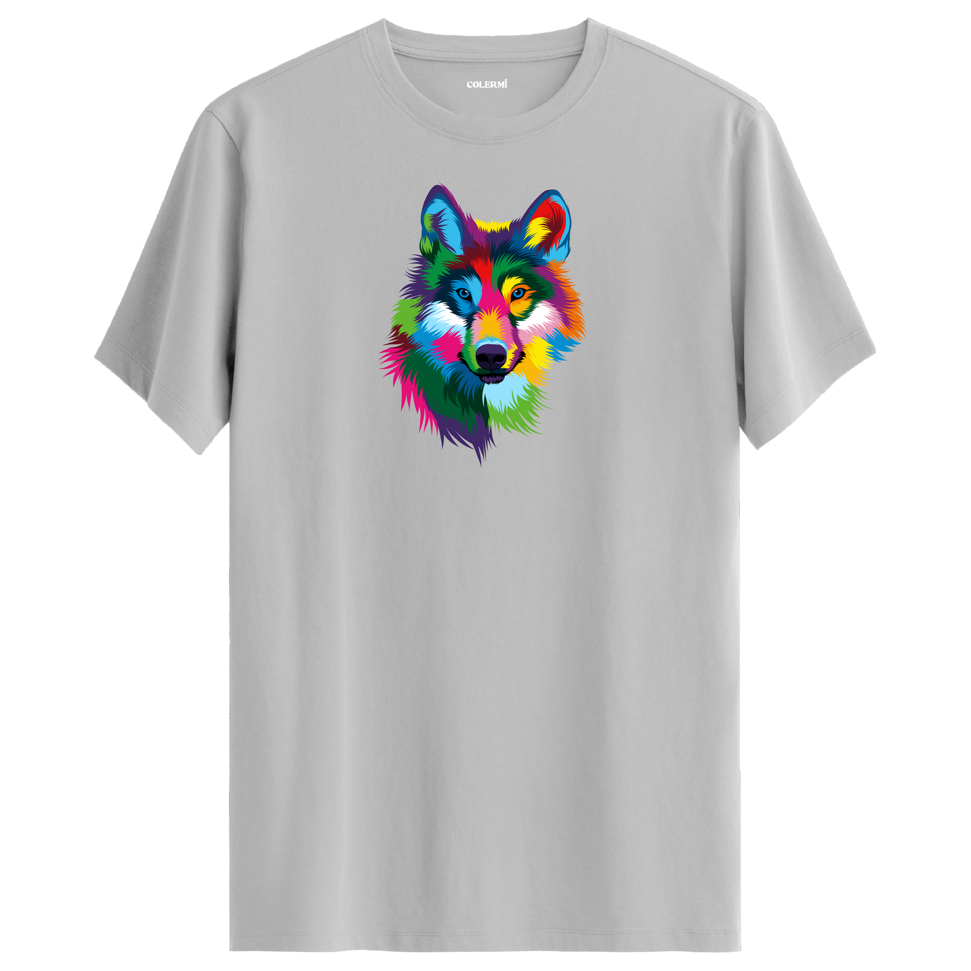 Gri tişört üzerinde renkli kurt tasarımı