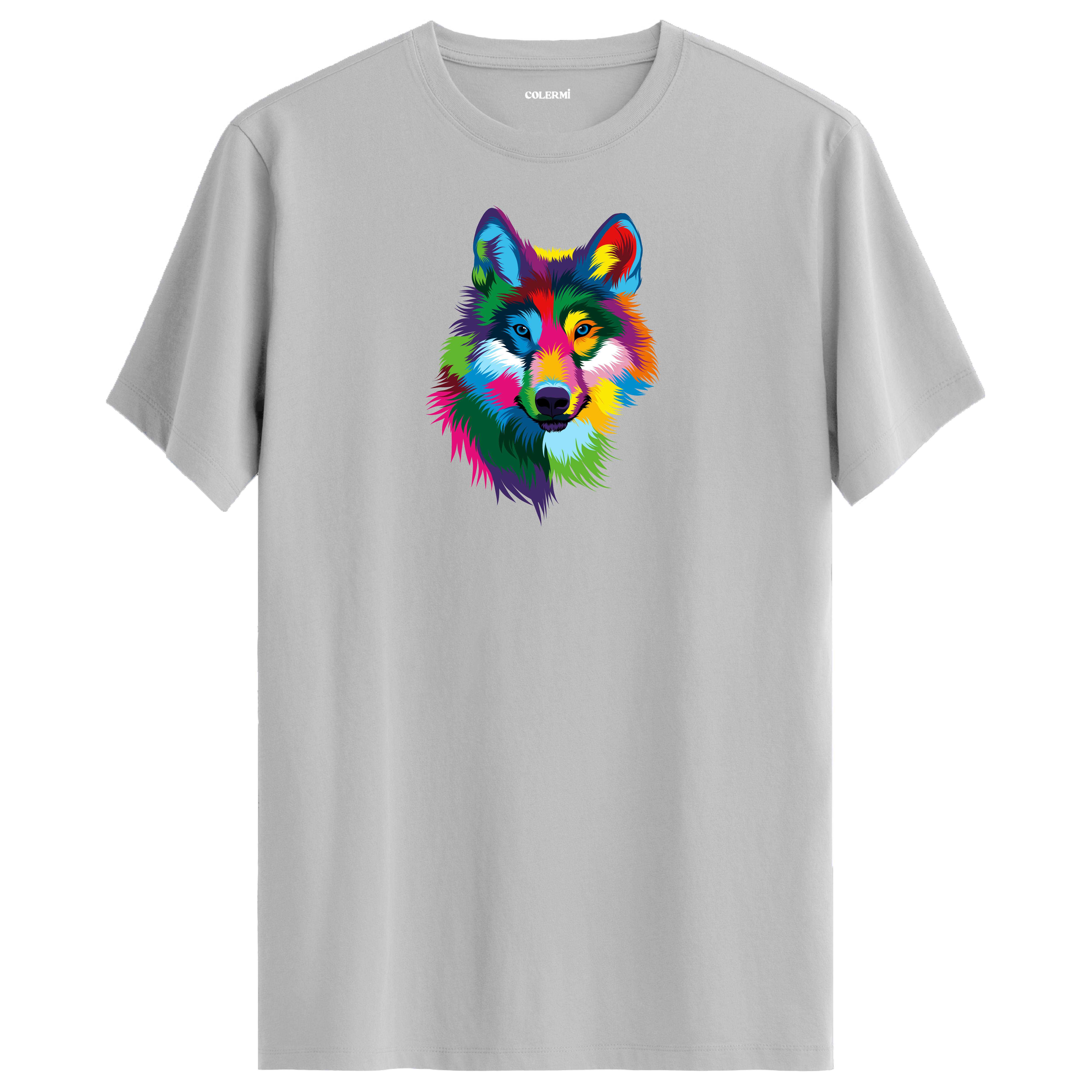 Gri tişört üzerinde renkli kurt tasarımı