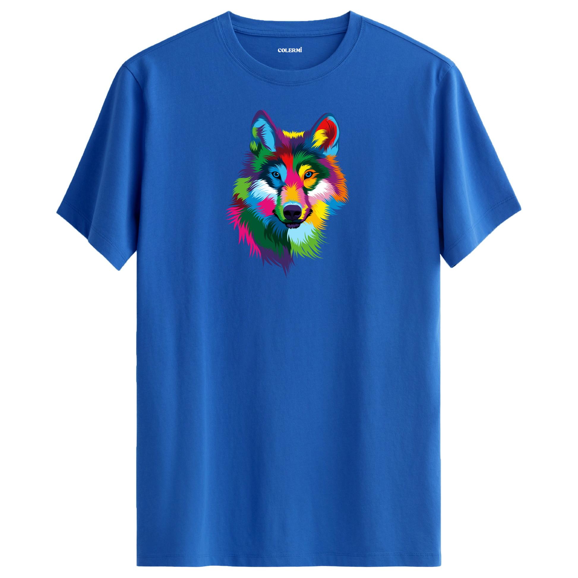 Mavi tişört üzerinde renkli kurt tasarımı