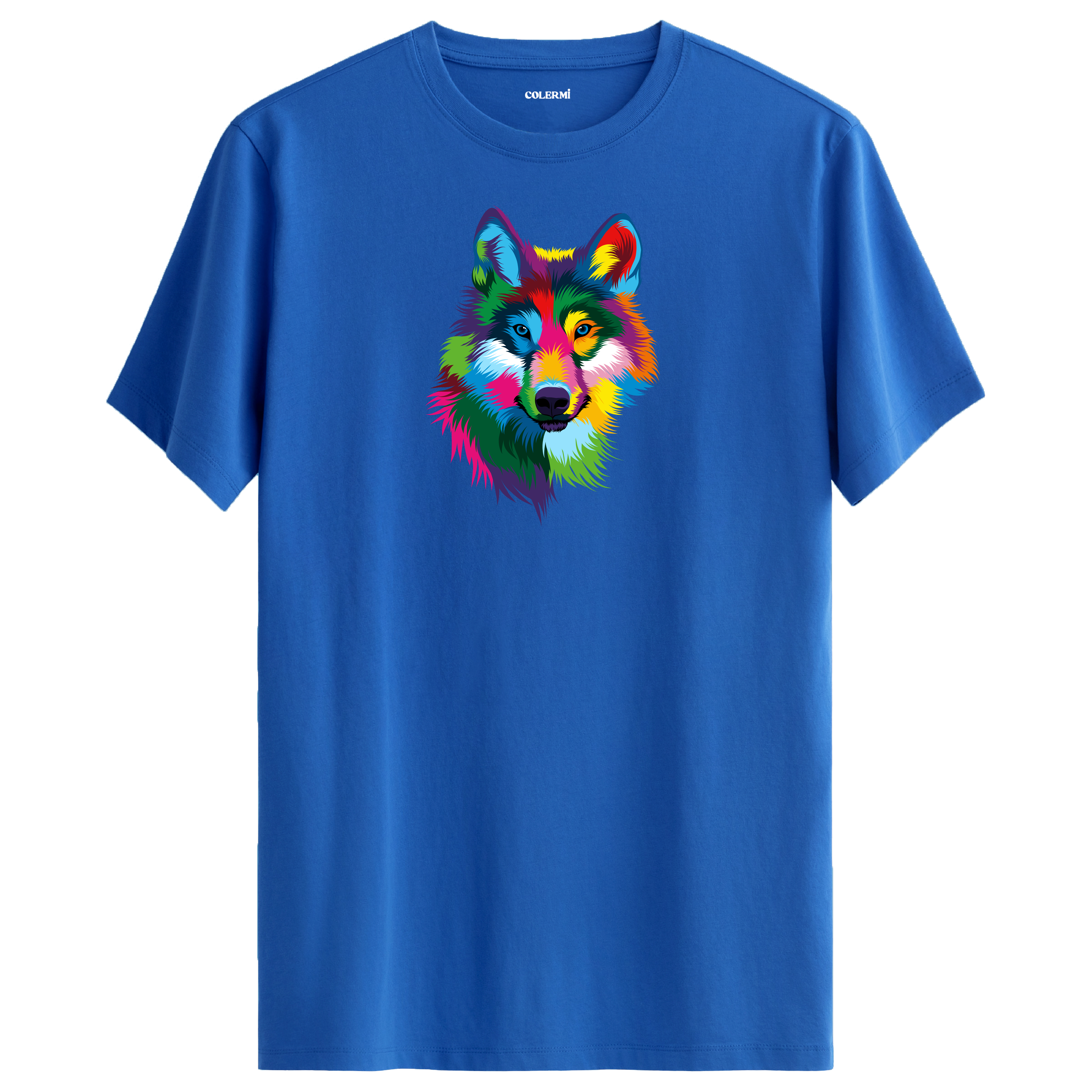 Mavi tişört üzerinde renkli kurt tasarımı