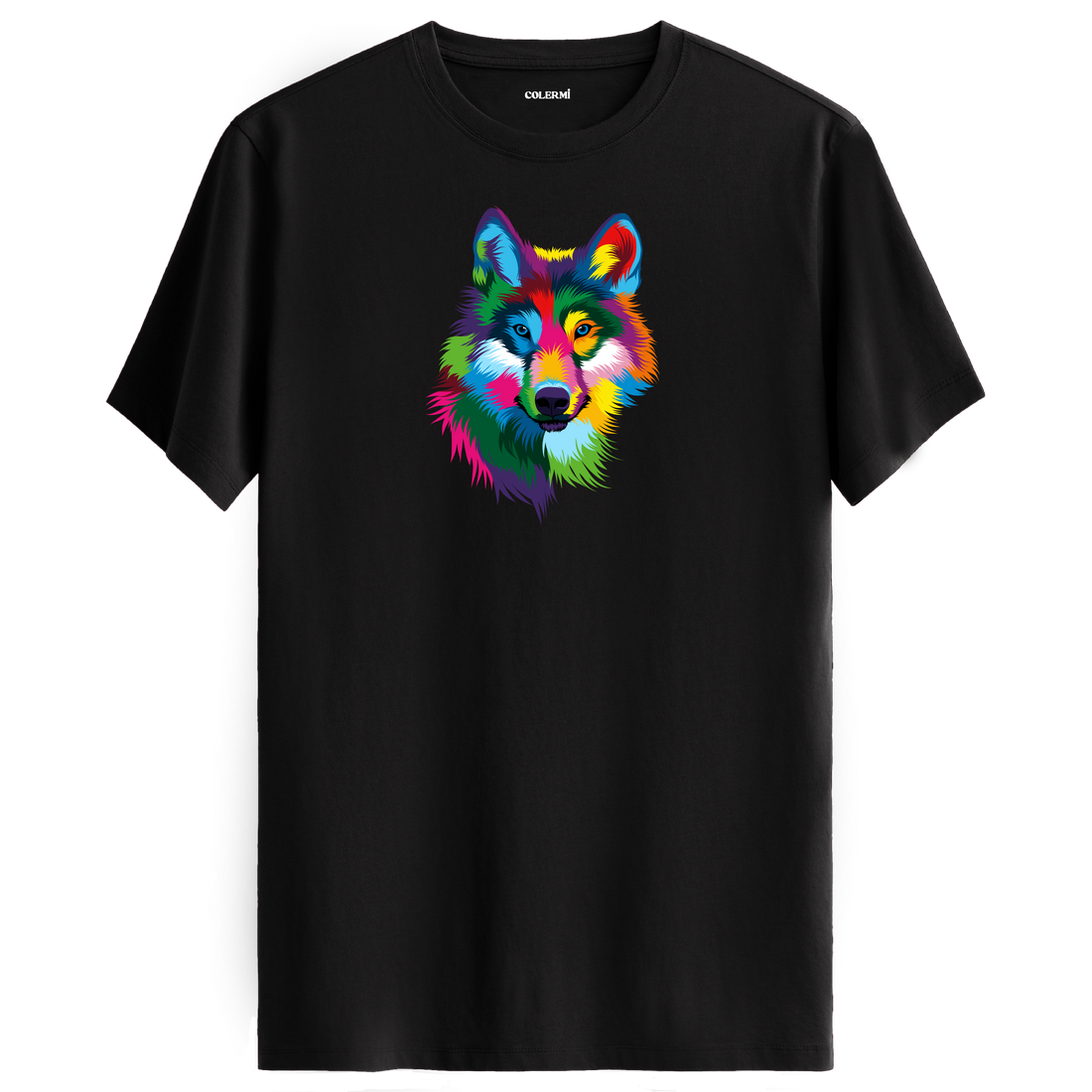 Siyah tişört üzerinde renkli kurt tasarımı