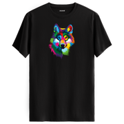 Siyah tişört üzerinde renkli kurt tasarımı