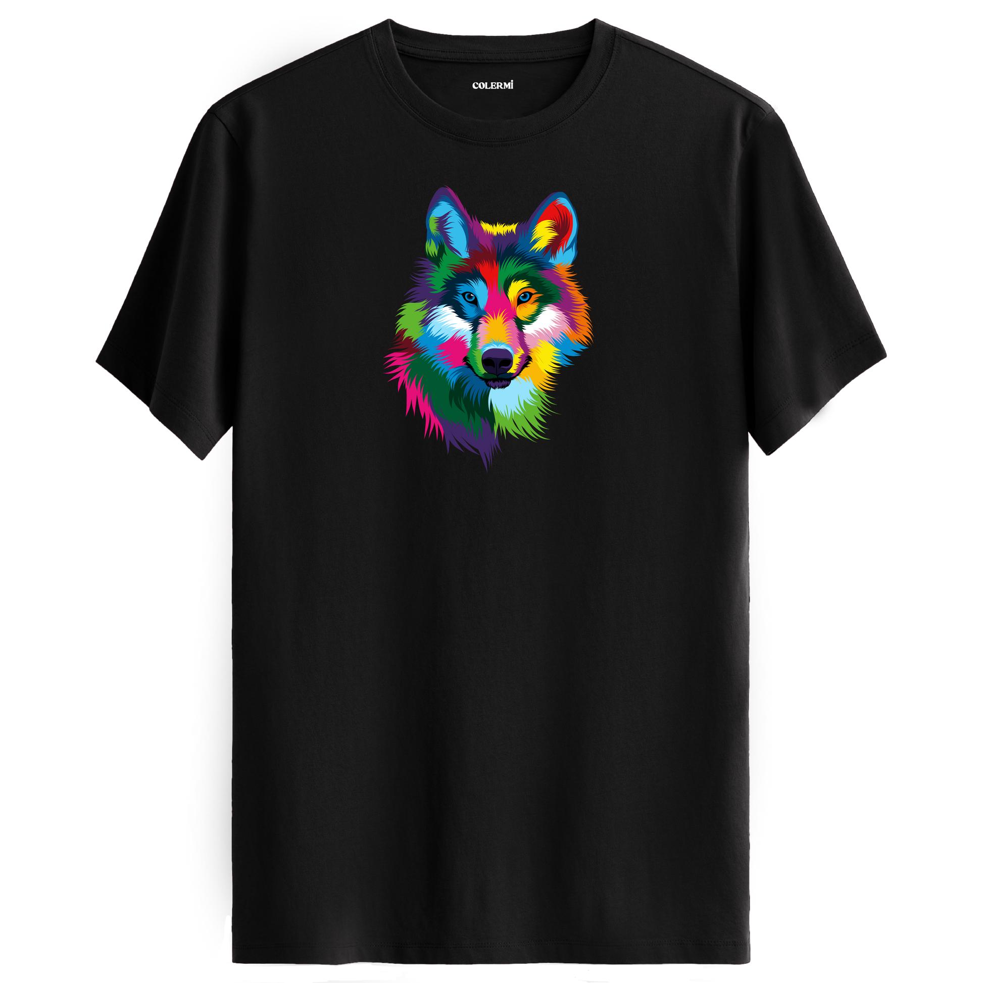 Siyah tişört üzerinde renkli kurt tasarımı