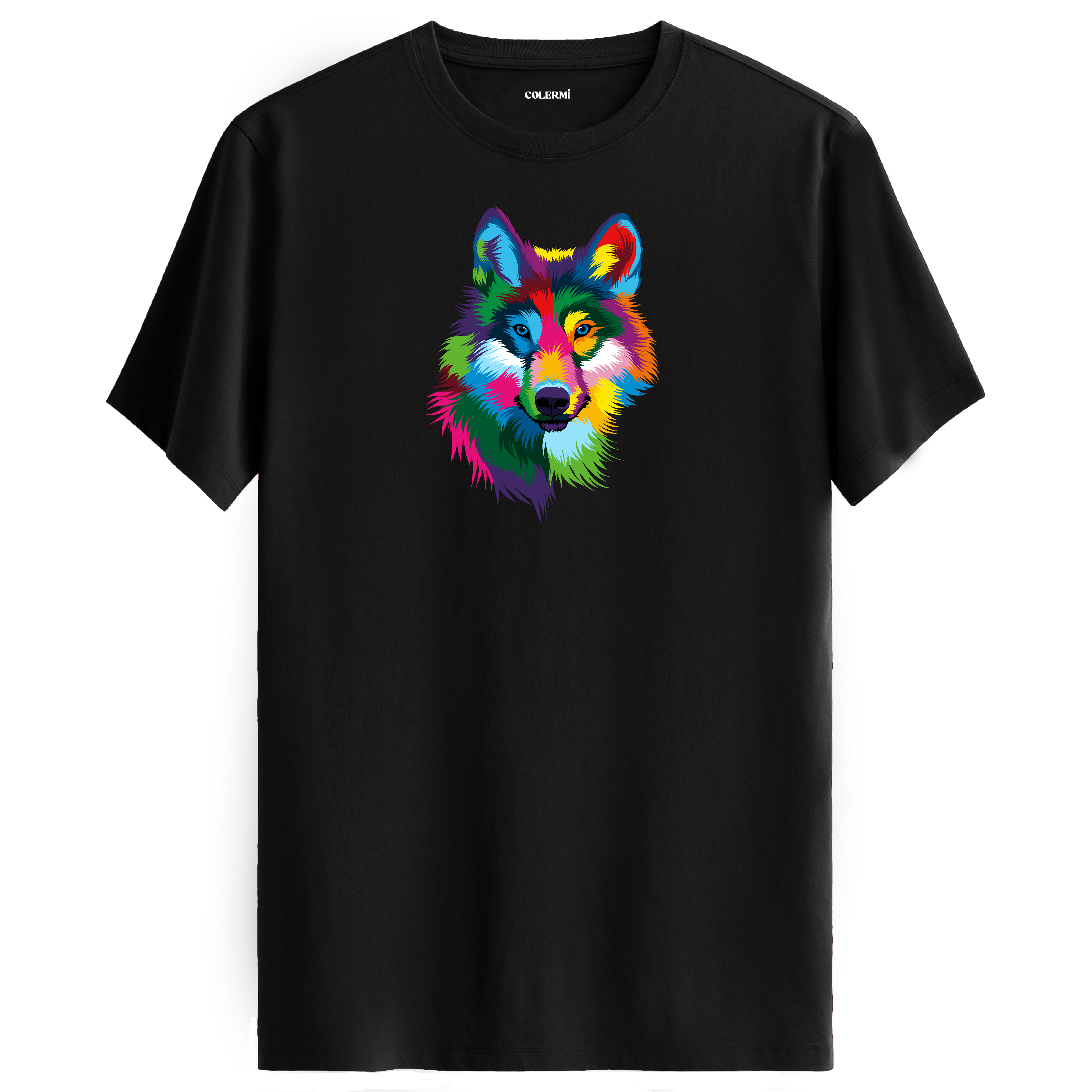 Siyah tişört üzerinde renkli kurt tasarımı