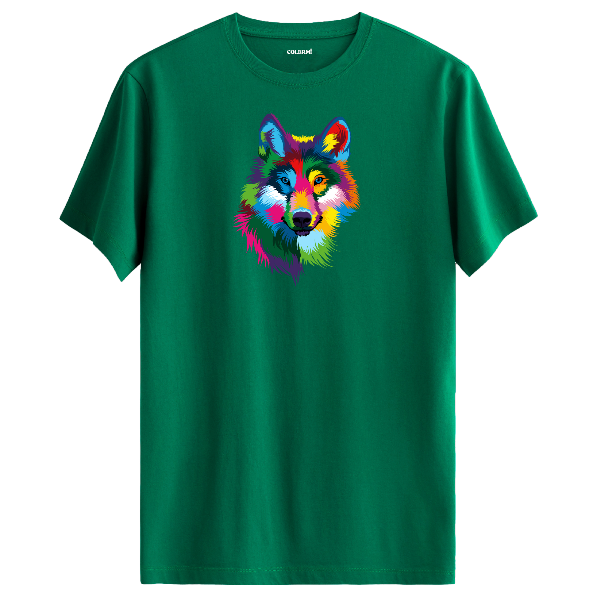 Yeşil tişört üzerinde renkli kurt tasarımı