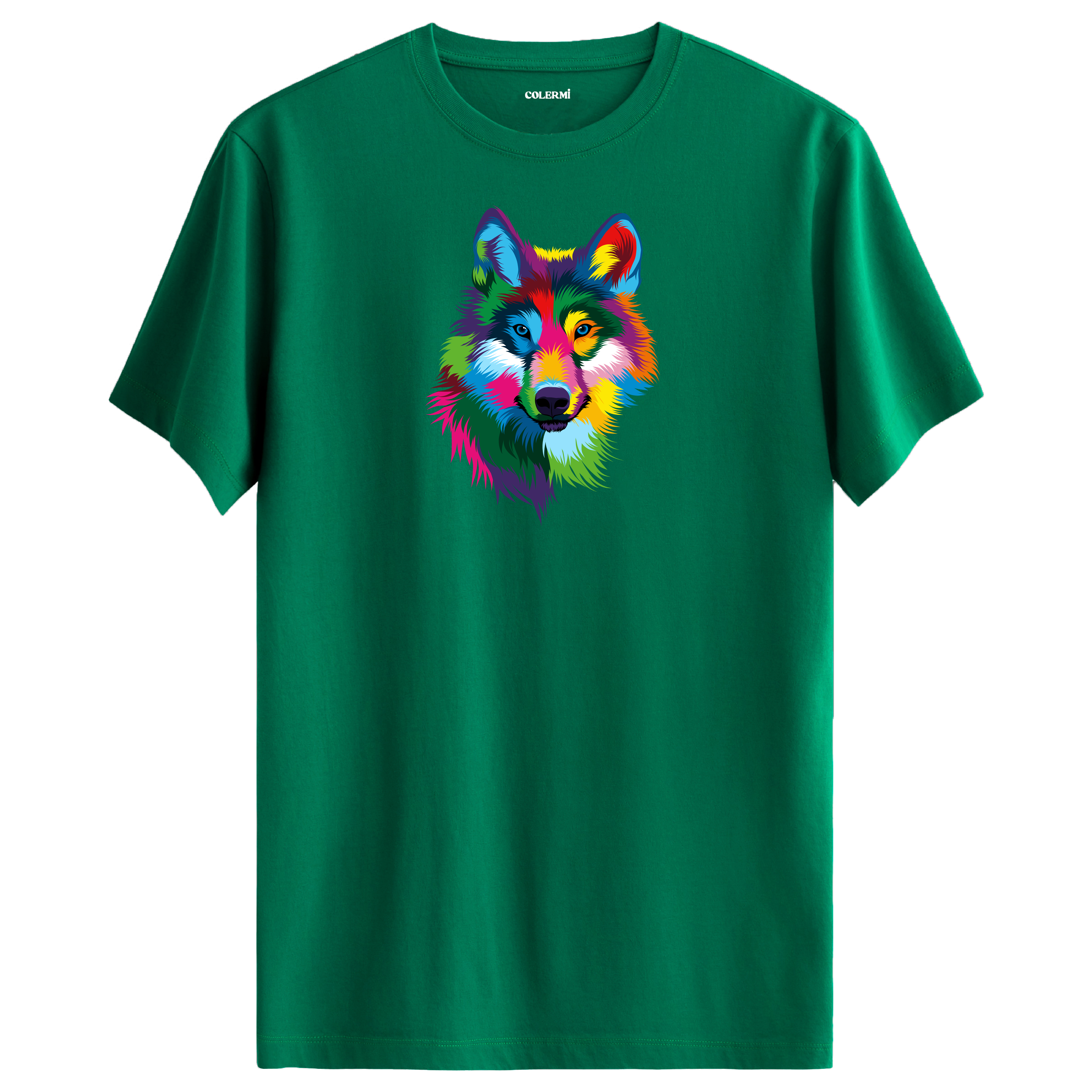 Yeşil tişört üzerinde renkli kurt tasarımı