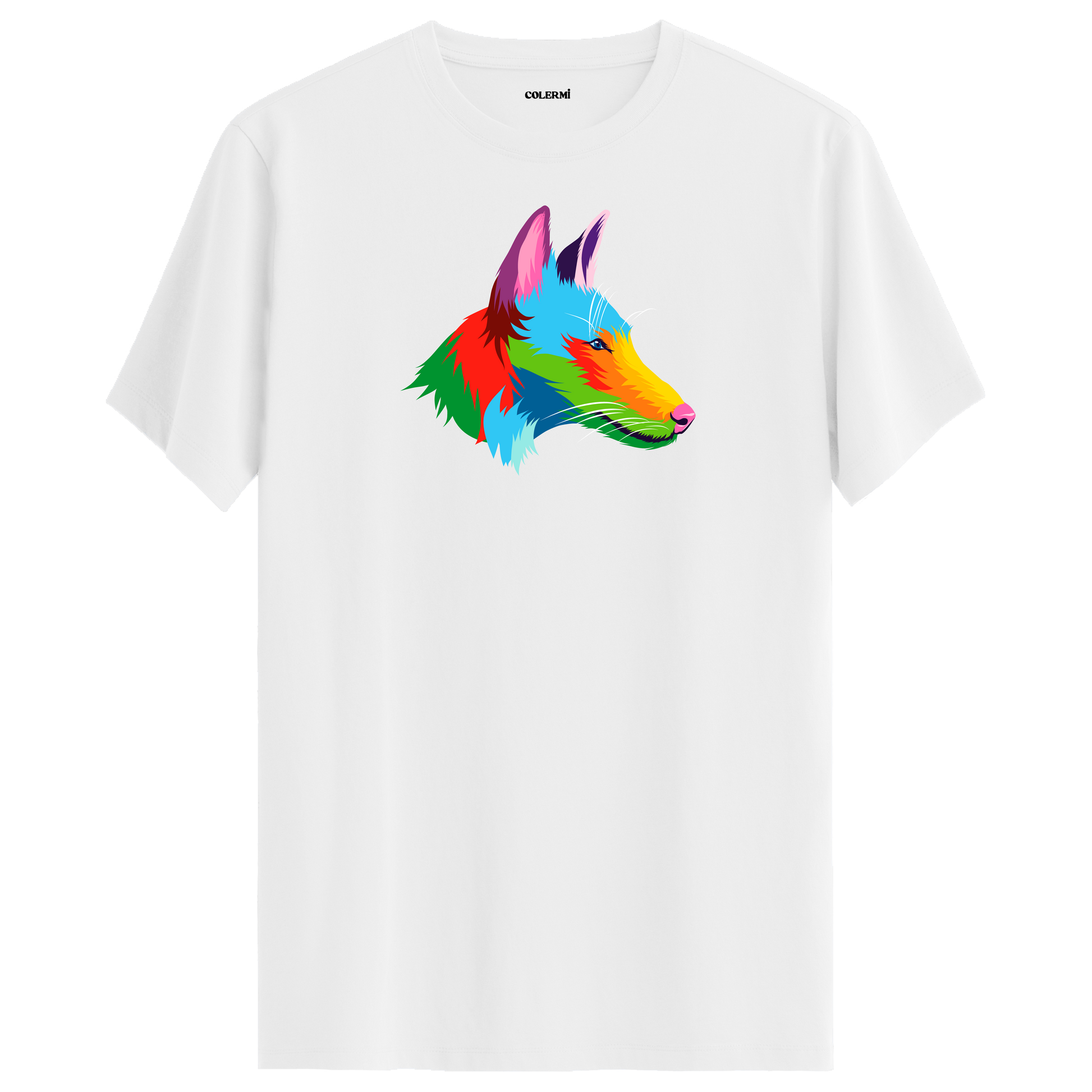 Beyaz tişört üzerinde renkli kurt tasarımı