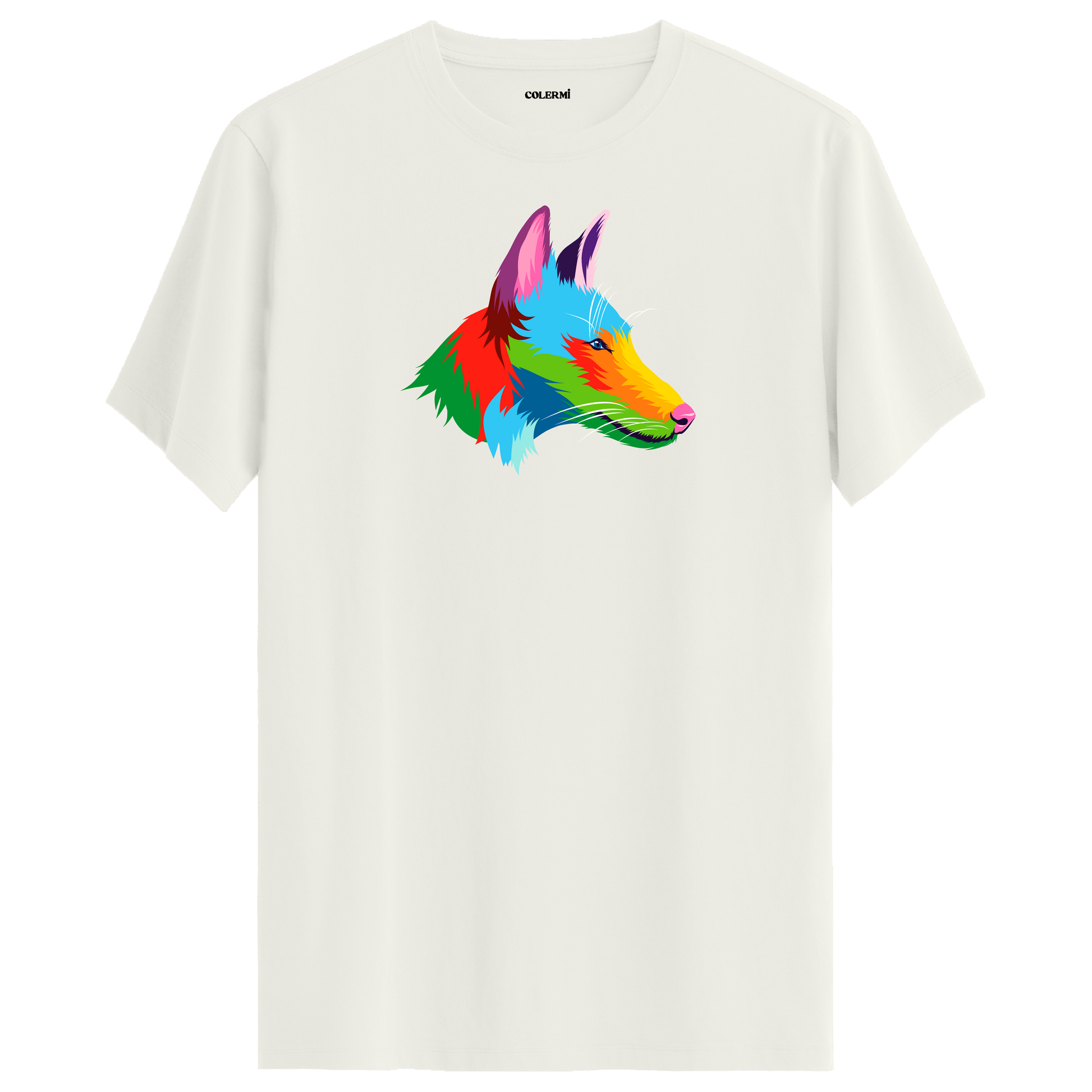 Ekru tişört üzerinde renkli kurt tasarımı