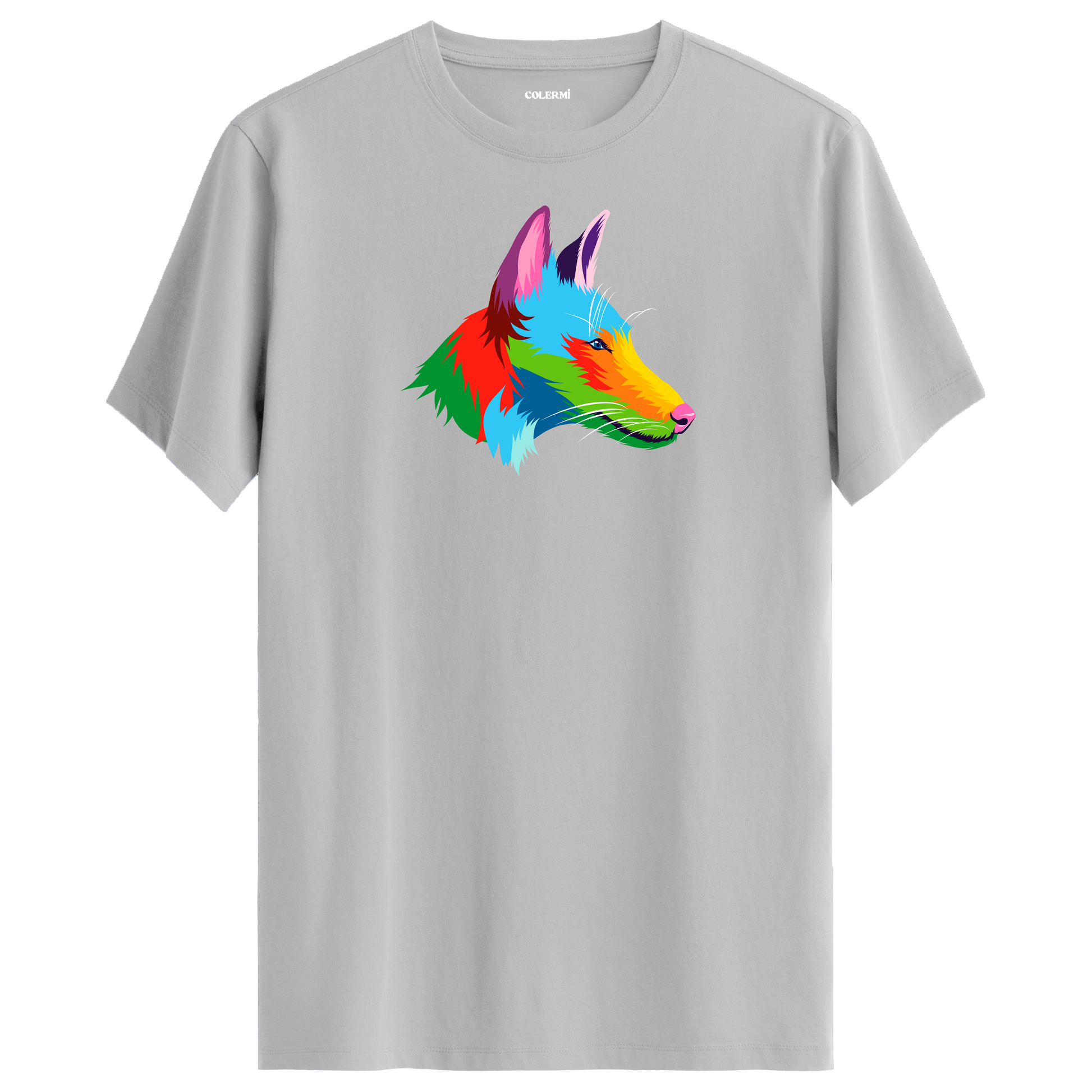 Gri tişört üzerinde renkli kurt tasarımı
