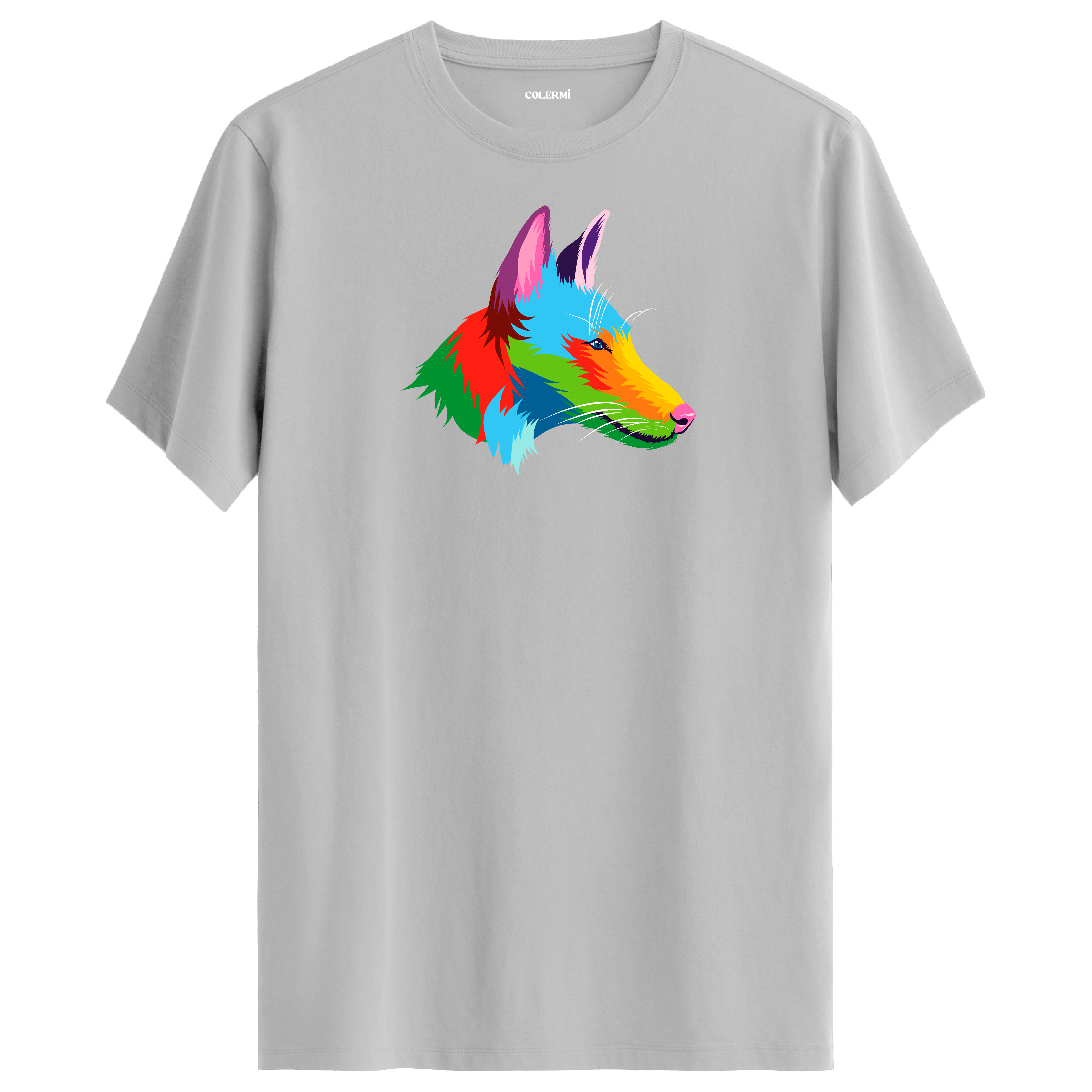 Gri tişört üzerinde renkli kurt tasarımı