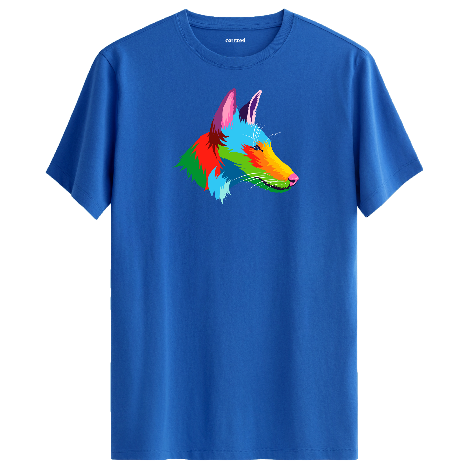 Mavi tişört üzerinde renkli kurt tasarımı
