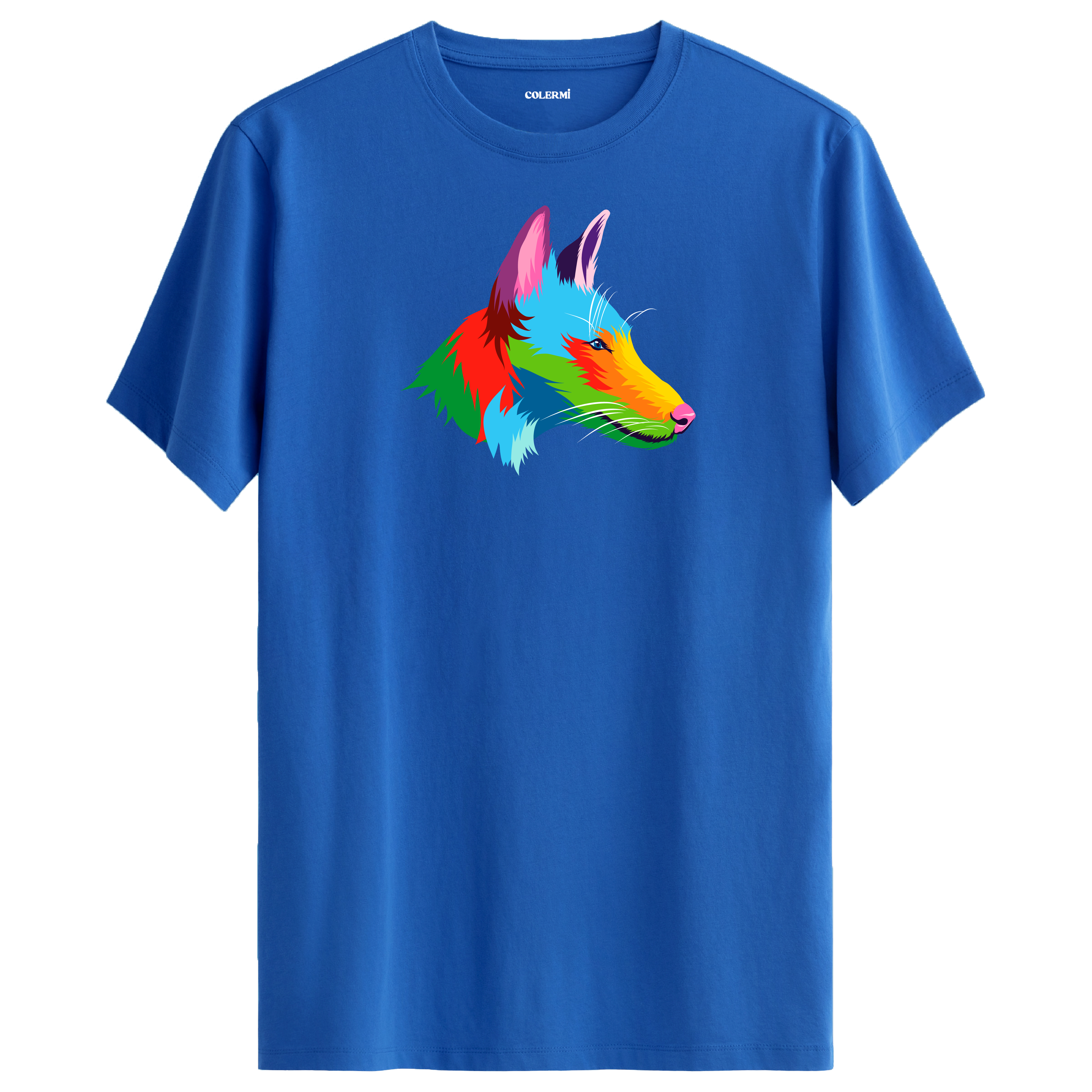 Mavi tişört üzerinde renkli kurt tasarımı