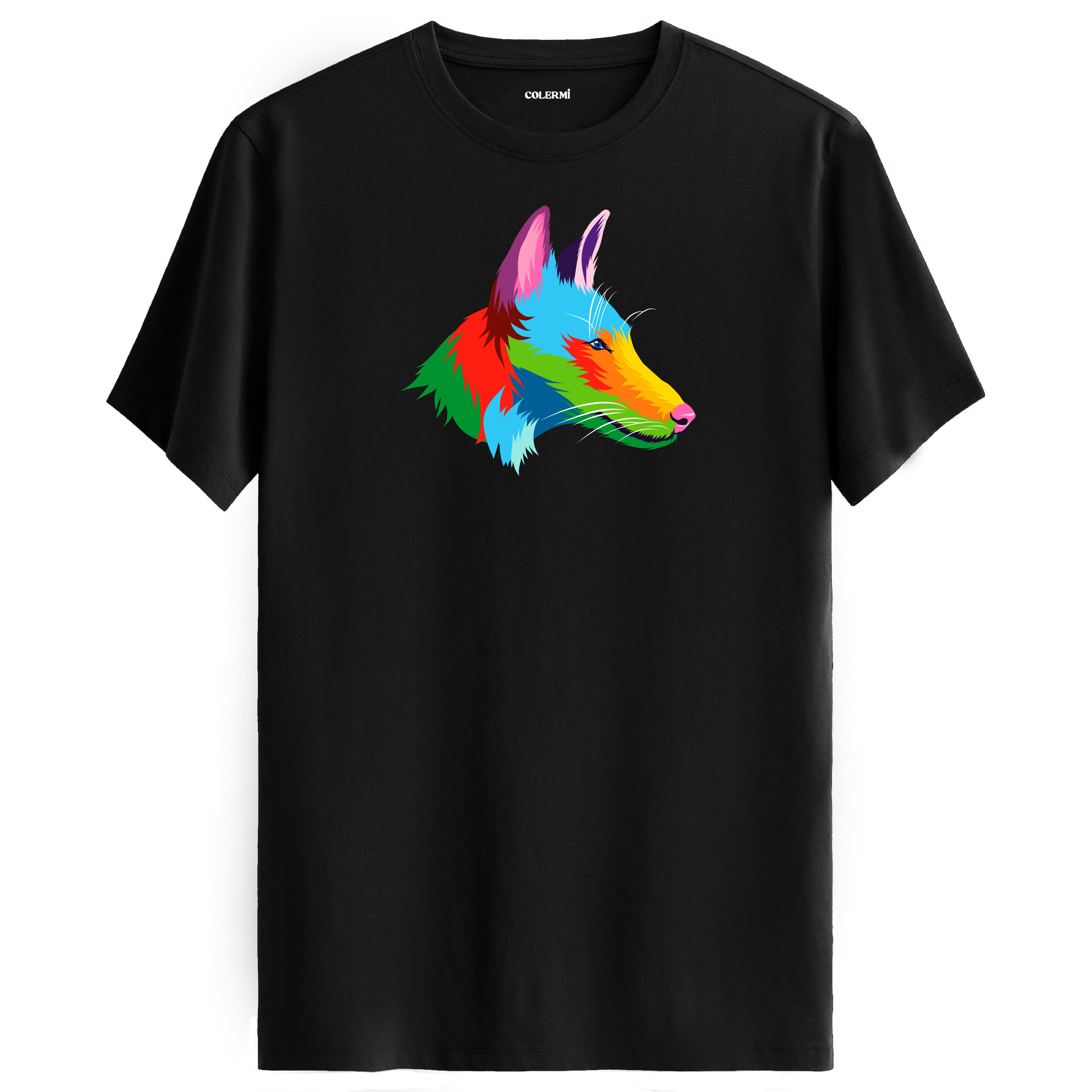 Siyah tişört üzerinde renkli kurt tasarımı