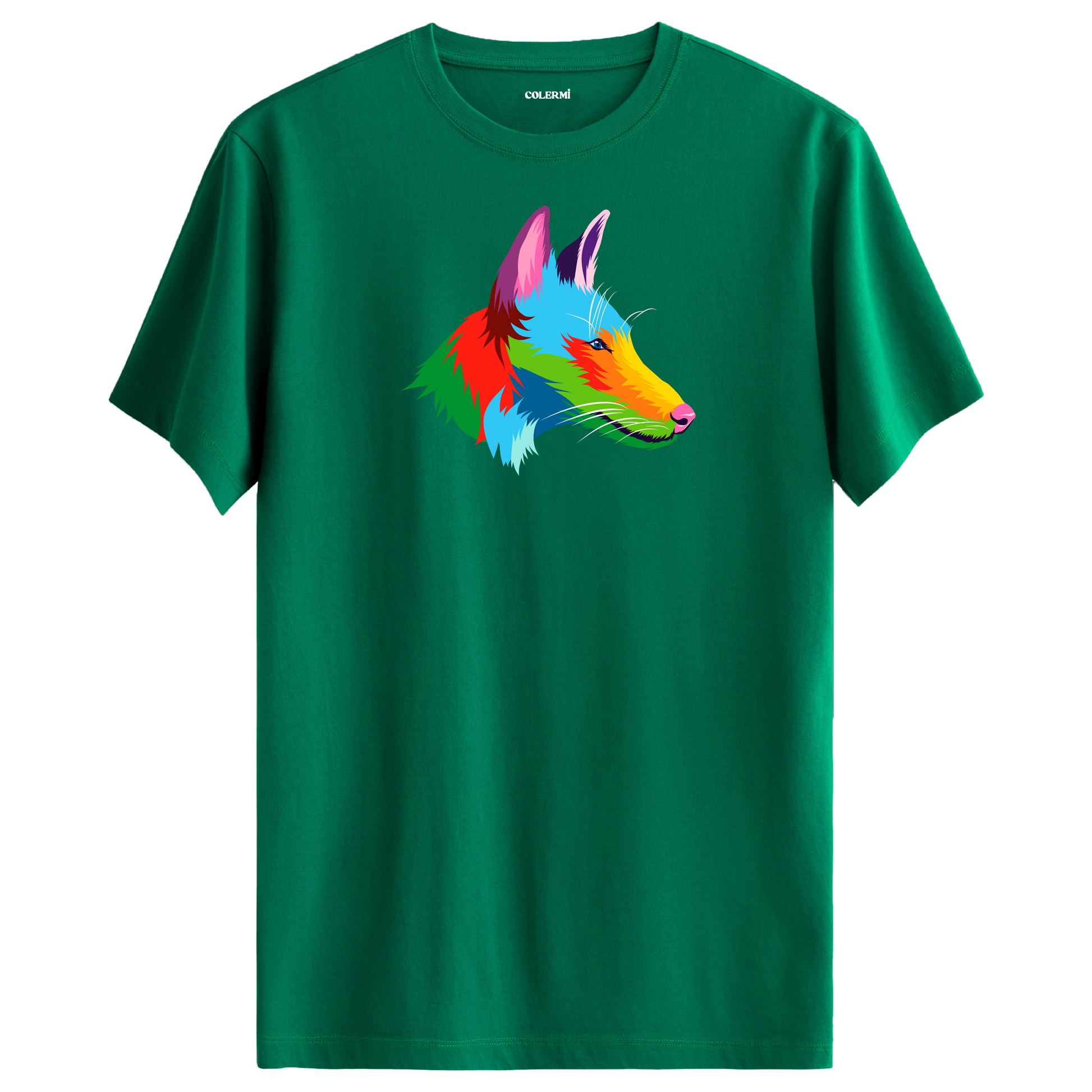 Yeşil tişört üzerinde renkli kurt tasarımı
