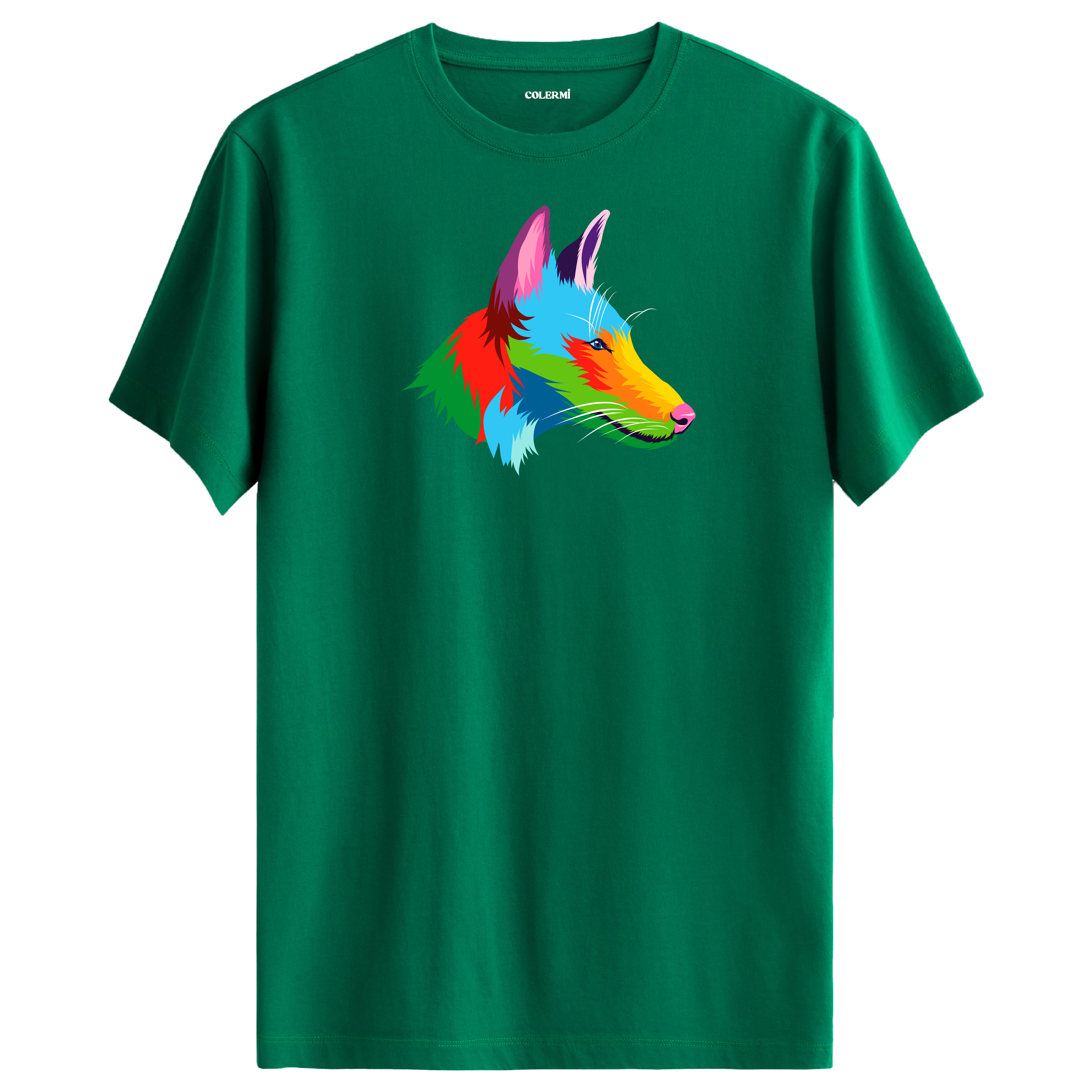 Yeşil tişört üzerinde renkli kurt tasarımı