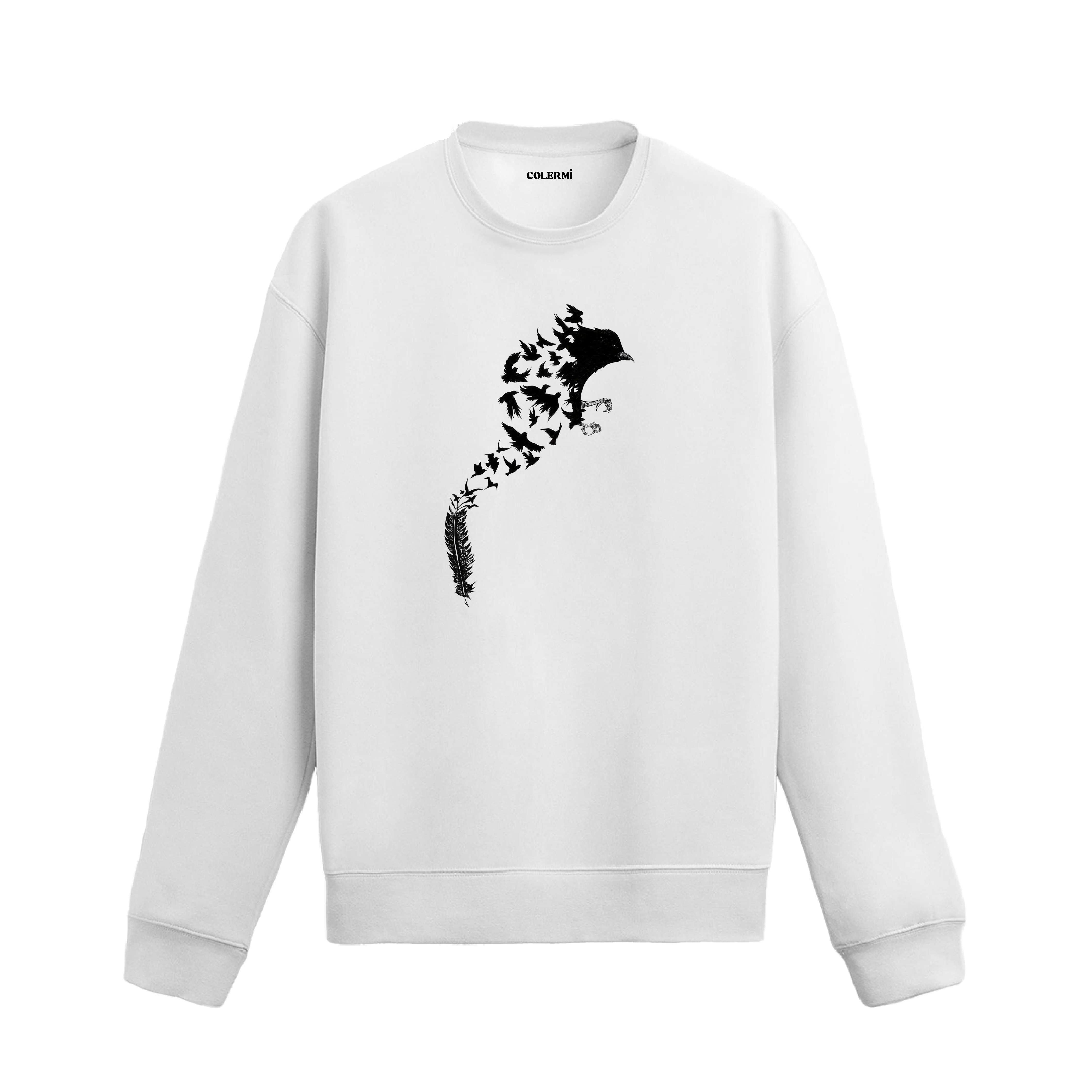 Bir tüyden yükselerek birleşen küçük kuşların oluşturduğu büyük kuş figürü tasarımlı Colermi sweatshirt.