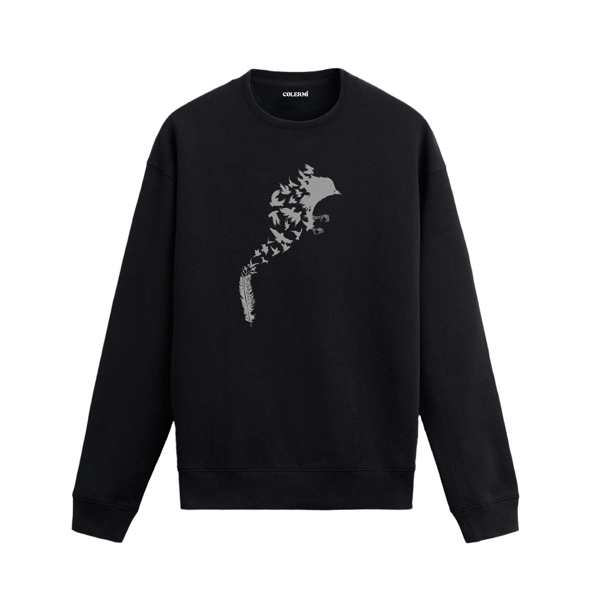 Bir tüyden yükselerek birleşen küçük kuşların oluşturduğu büyük kuş figürü tasarımlı Colermi sweatshirt.