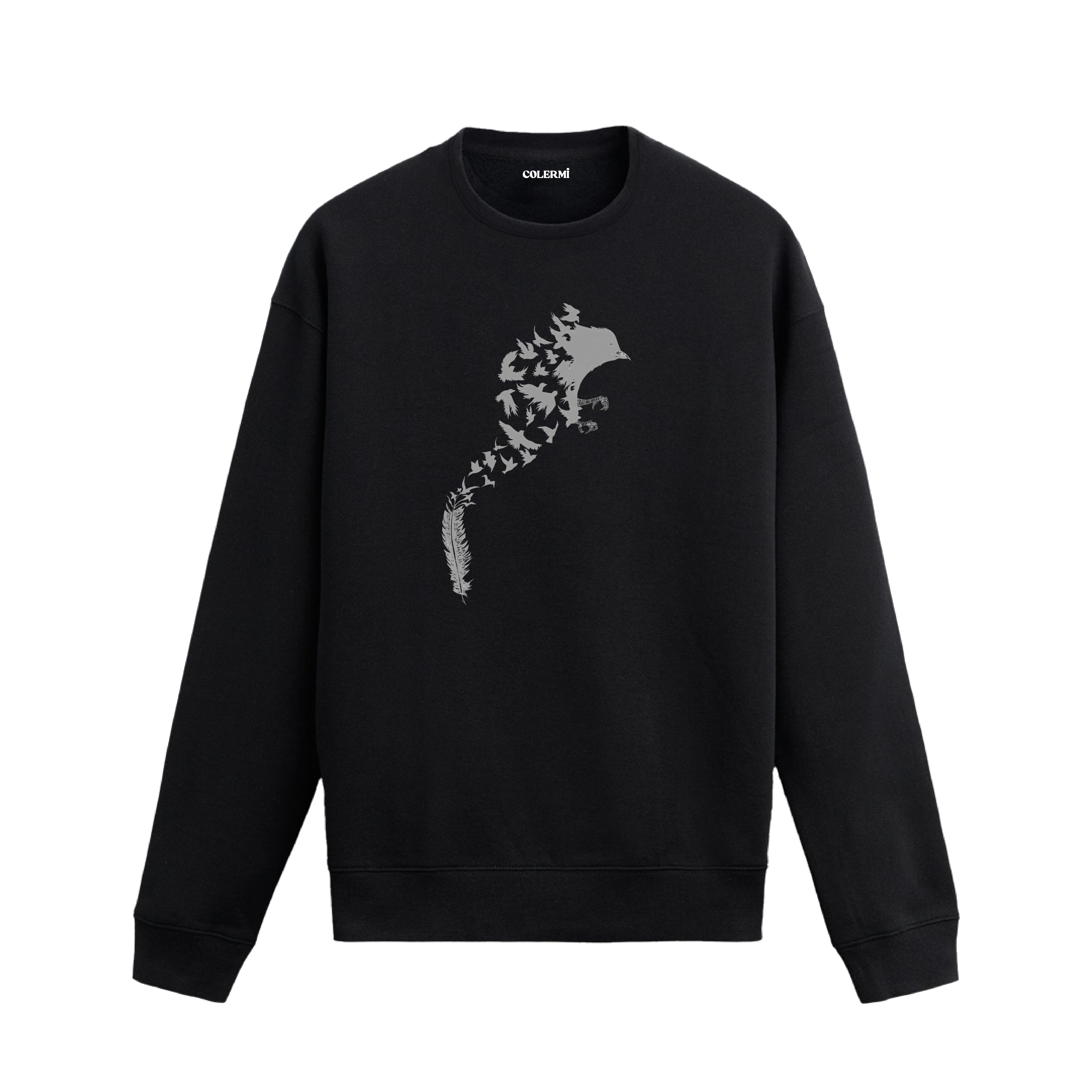 Bir tüyden yükselerek birleşen küçük kuşların oluşturduğu büyük kuş figürü tasarımlı Colermi sweatshirt.