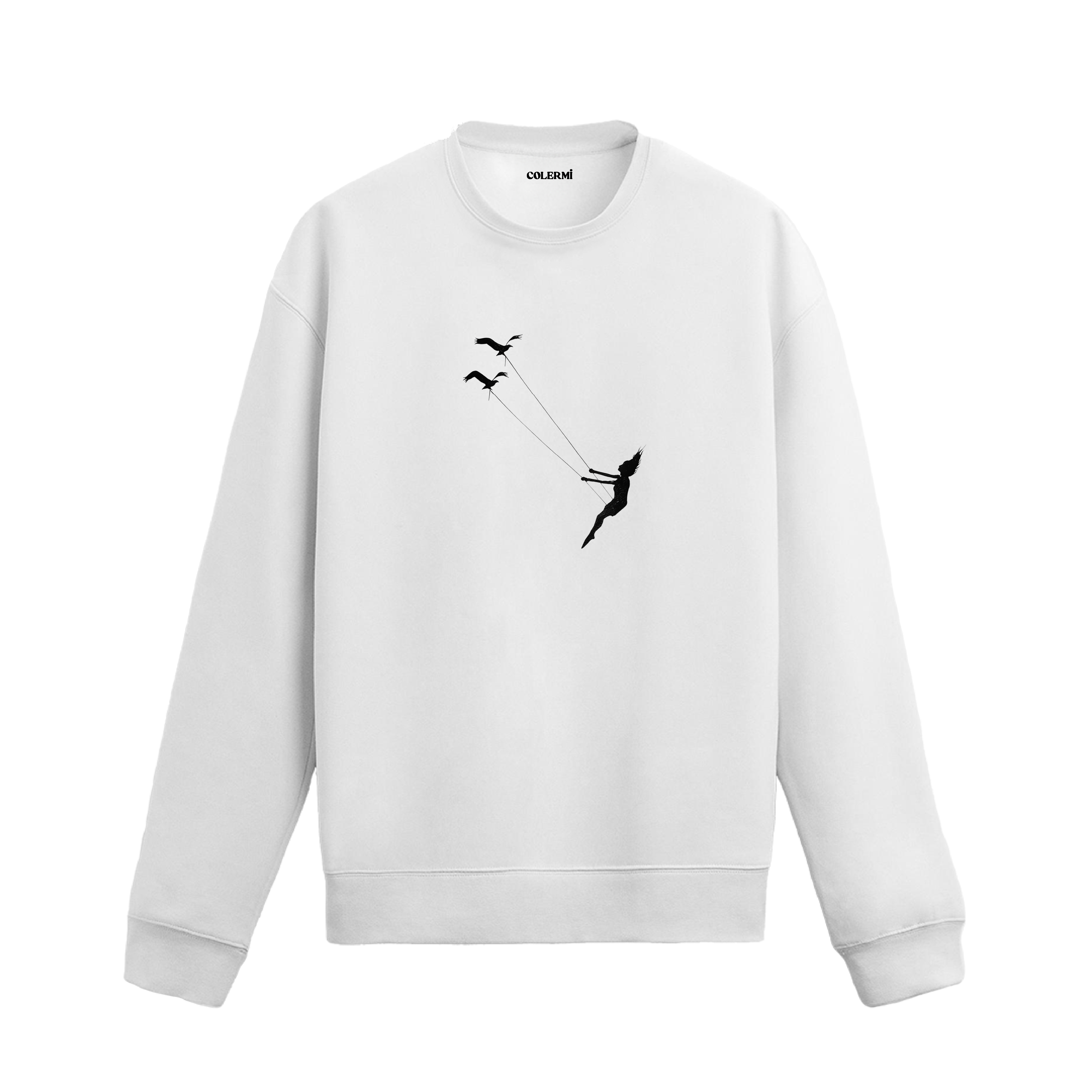 Kuşlara tutunarak gökyüzüne doğru yükselen insan figürlü minimalist Colermi sweatshirt.
