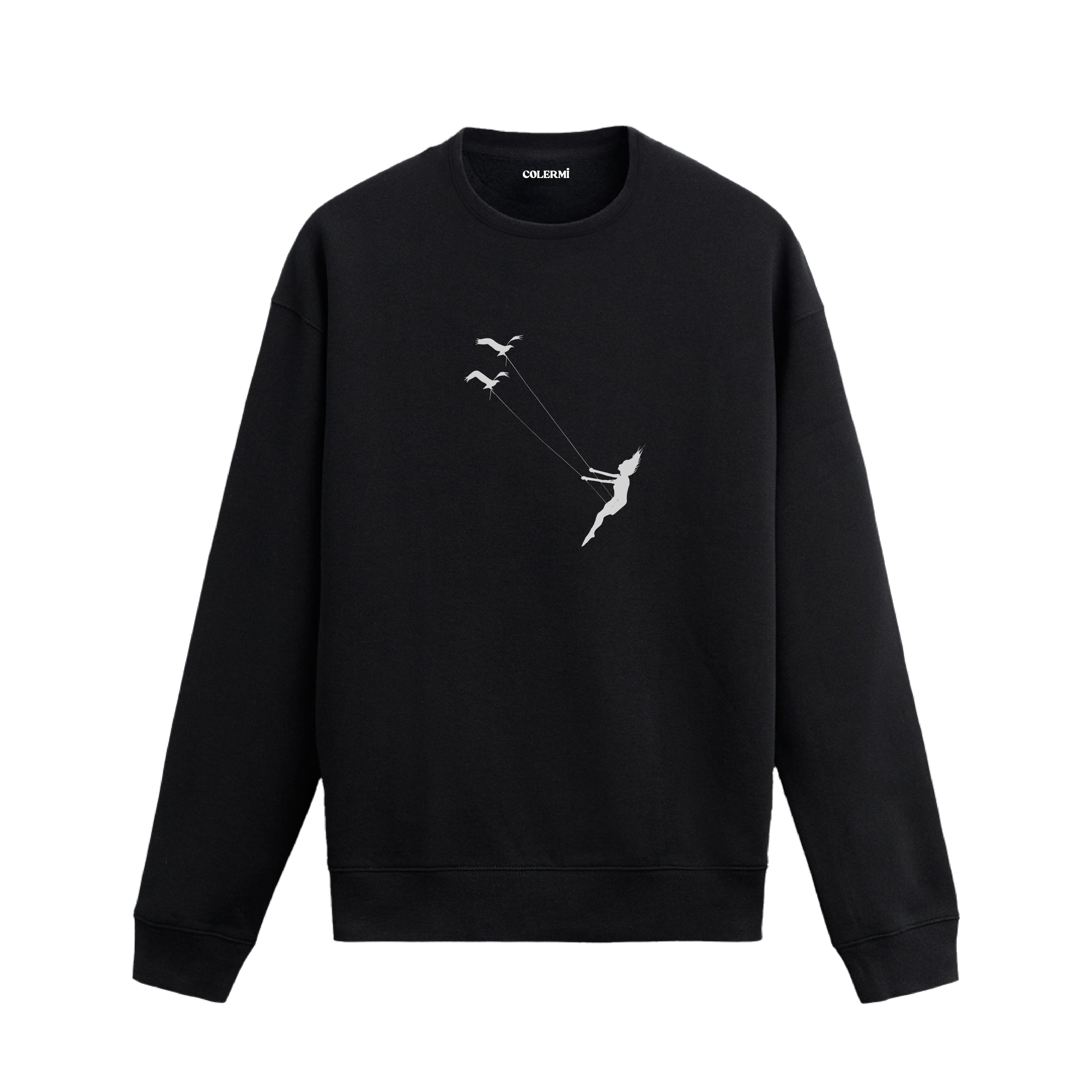 Kuşlara tutunarak gökyüzüne doğru yükselen insan figürlü minimalist Colermi sweatshirt.