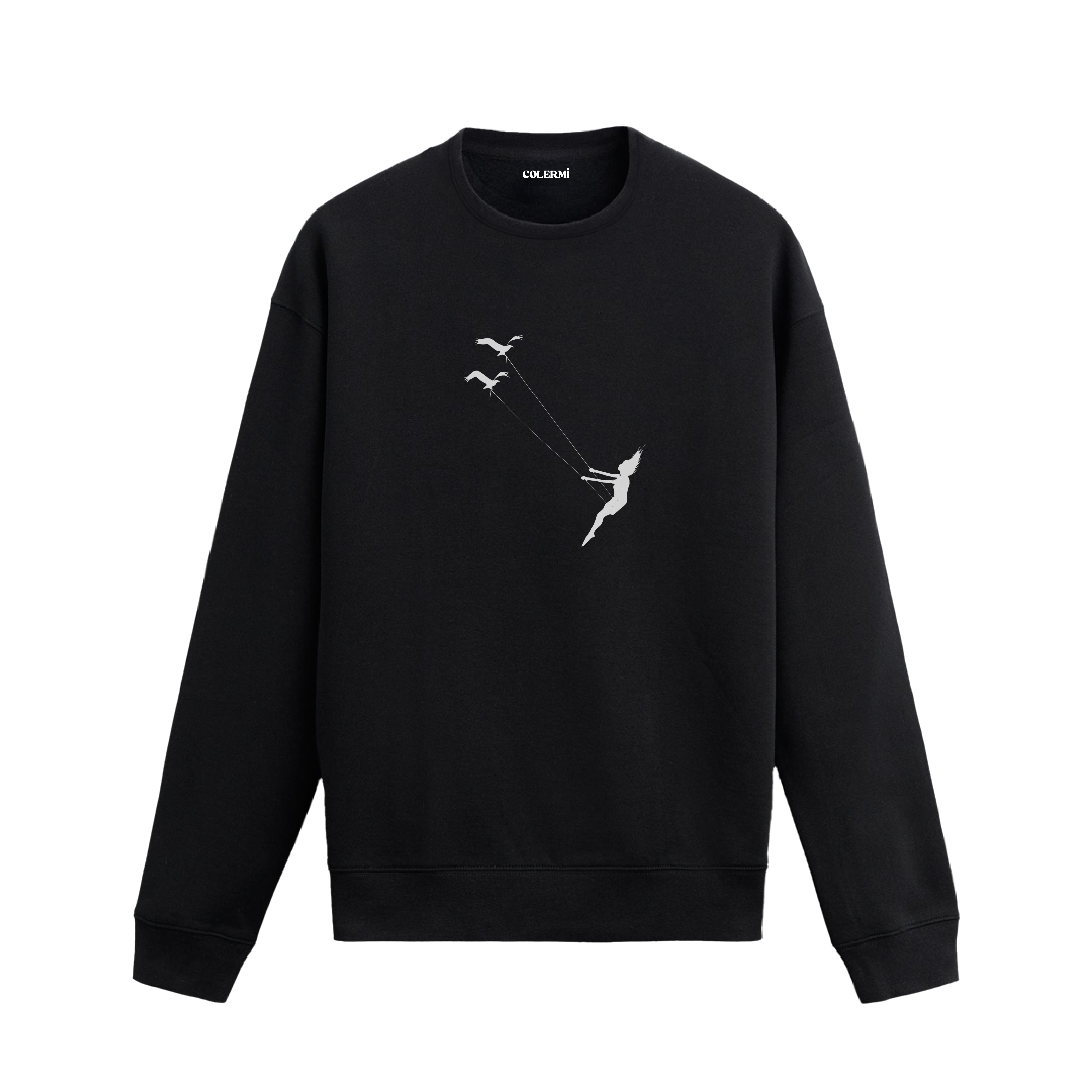 Kuşlara tutunarak gökyüzüne doğru yükselen insan figürlü minimalist Colermi sweatshirt.
