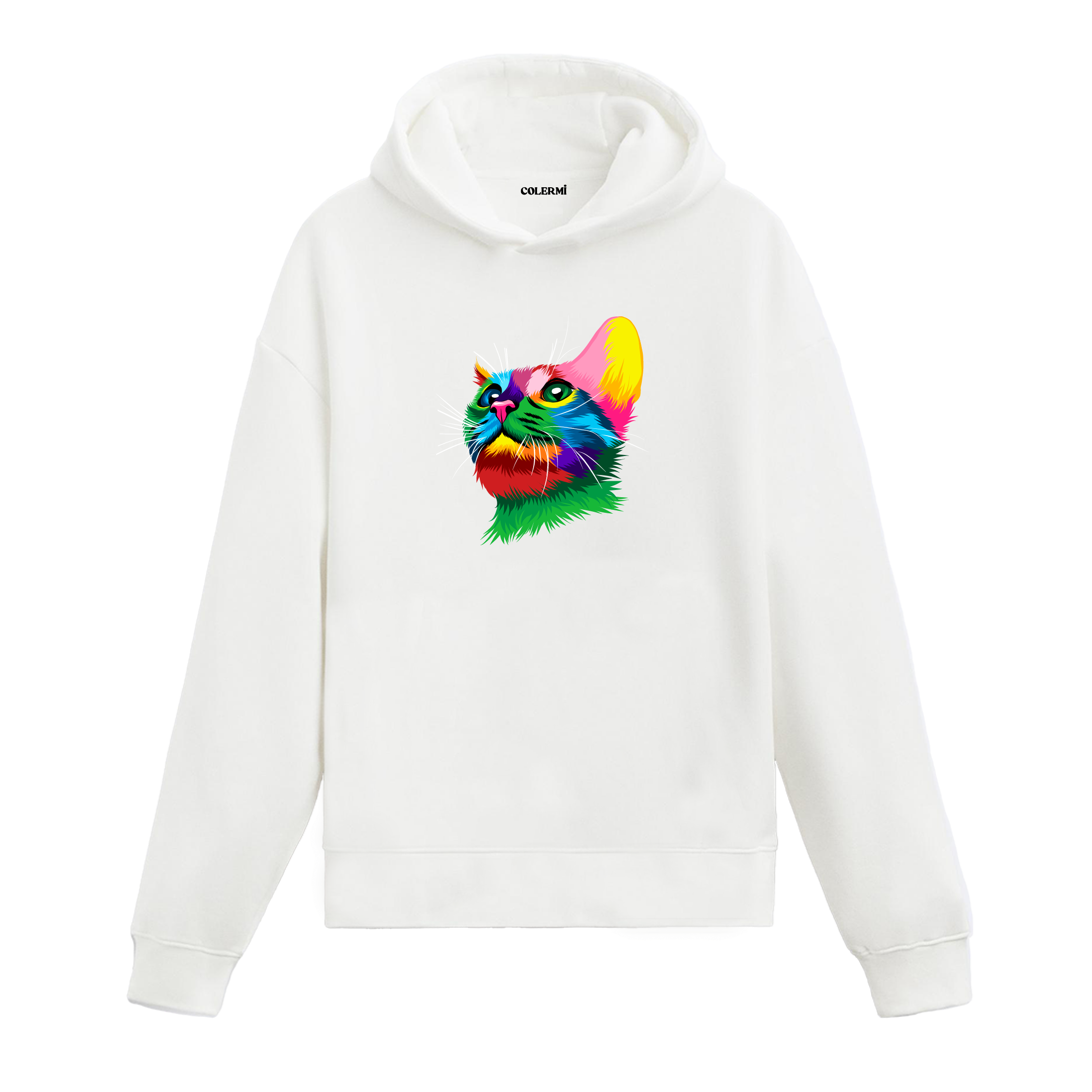 Beyaz hoodie, Leo isimli renkli kedi baskısı, pamuklu rahat hoodie