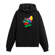 Siyah hoodie, Leo isimli renkli kedi baskısı, pamuklu unisex hoodie
