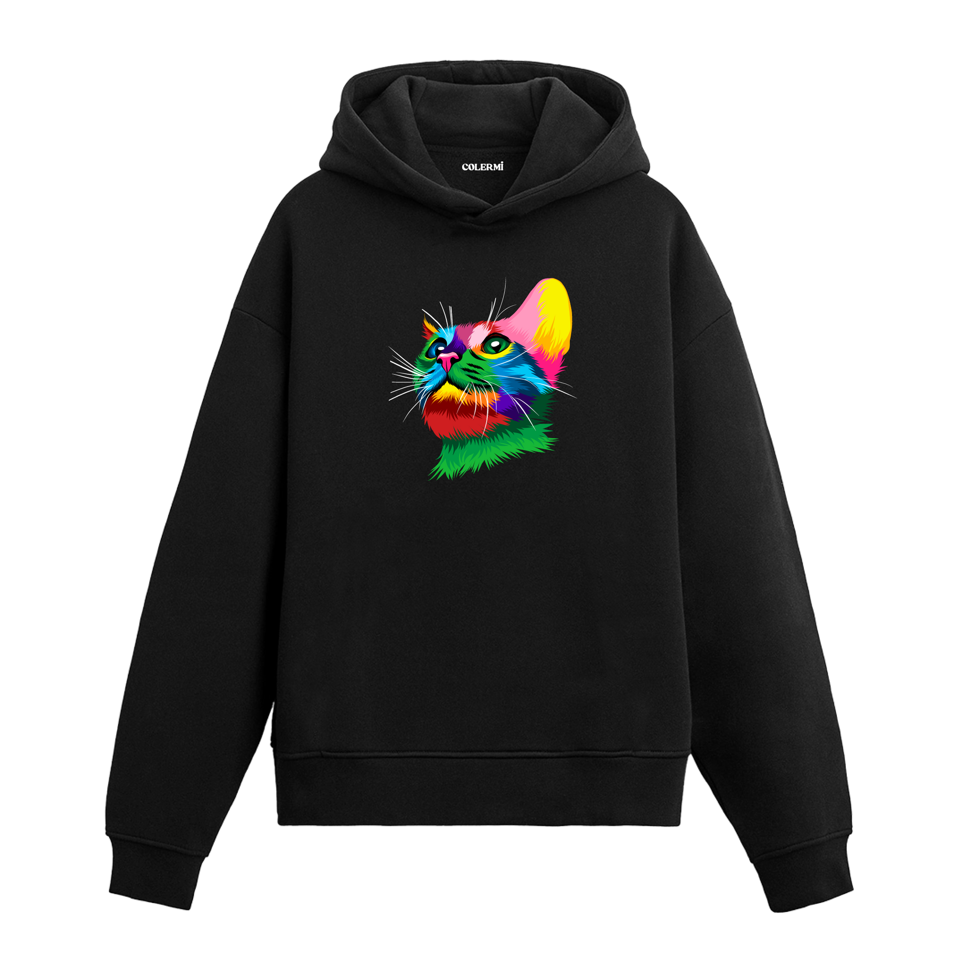 Siyah hoodie, Leo isimli renkli kedi baskısı, pamuklu unisex hoodie