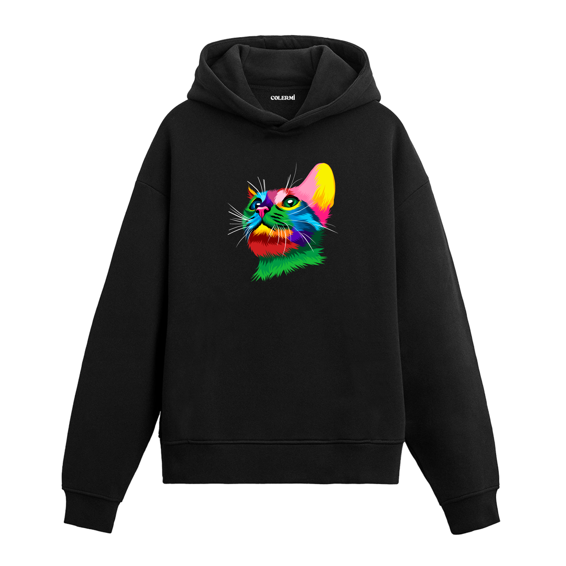 Siyah hoodie, Leo isimli renkli kedi baskısı, pamuklu unisex hoodie
