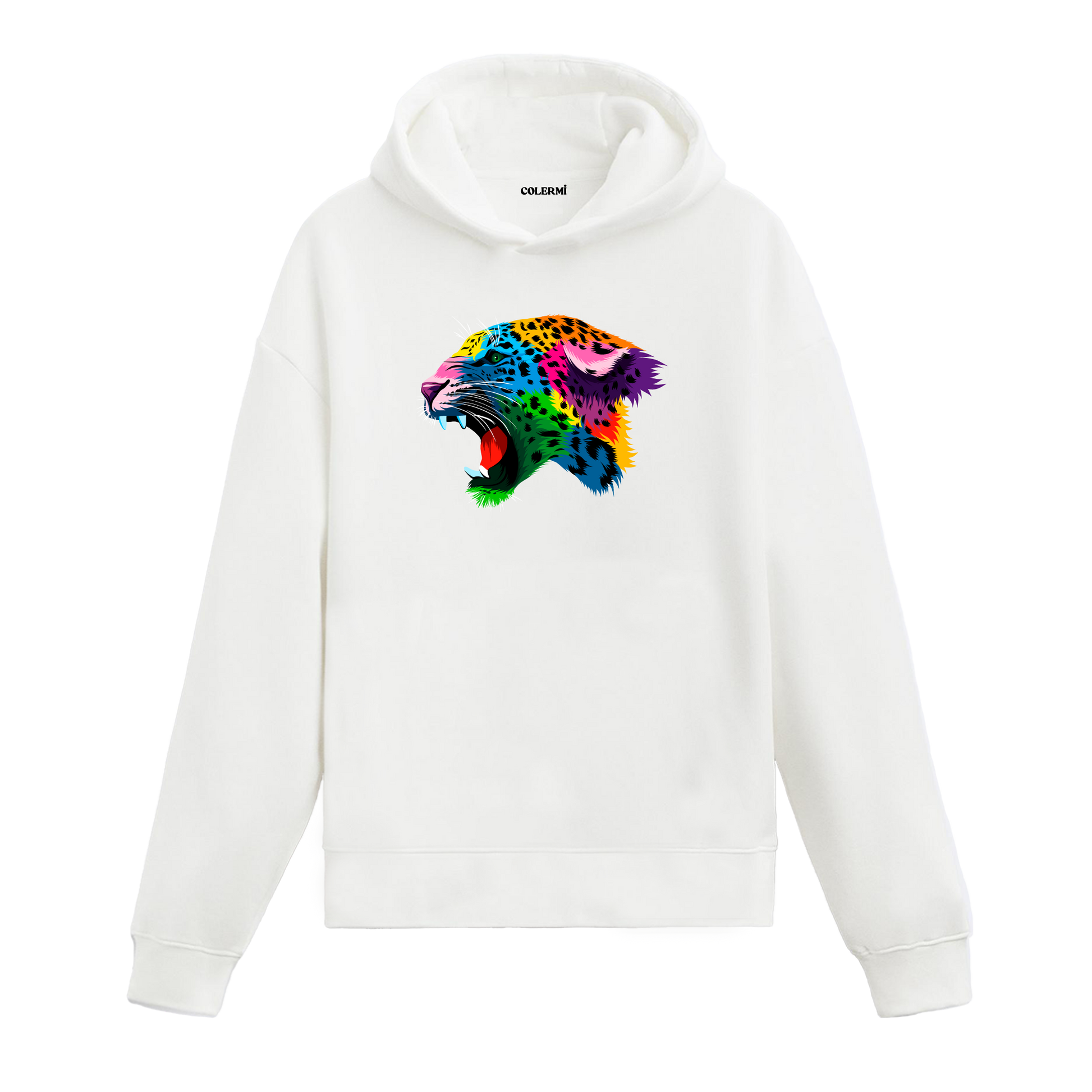Renkli kükreyen leopar başı baskılı beyaz hoodie