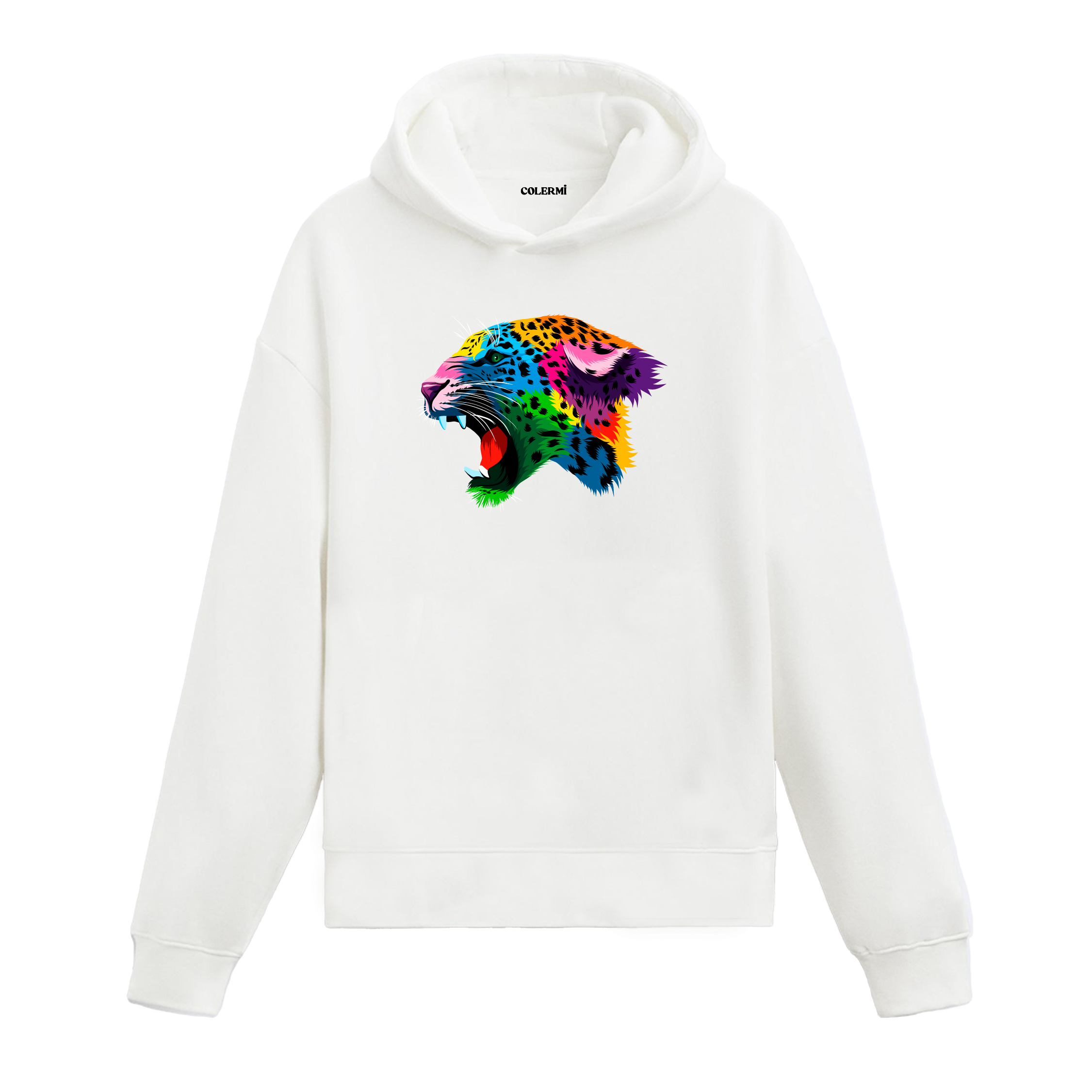 Renkli kükreyen leopar başı baskılı beyaz hoodie
