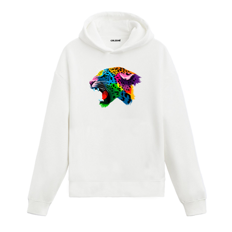 Renkli kükreyen leopar başı baskılı beyaz hoodie