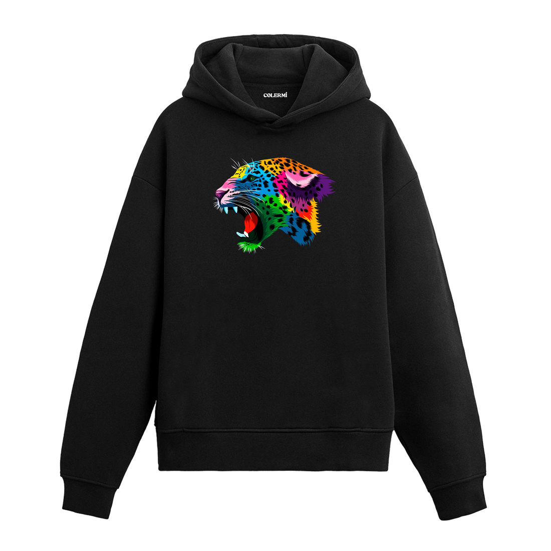 Renkli kükreyen leopar başı baskılı siyah hoodie