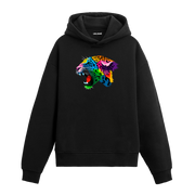 Renkli kükreyen leopar başı baskılı siyah hoodie