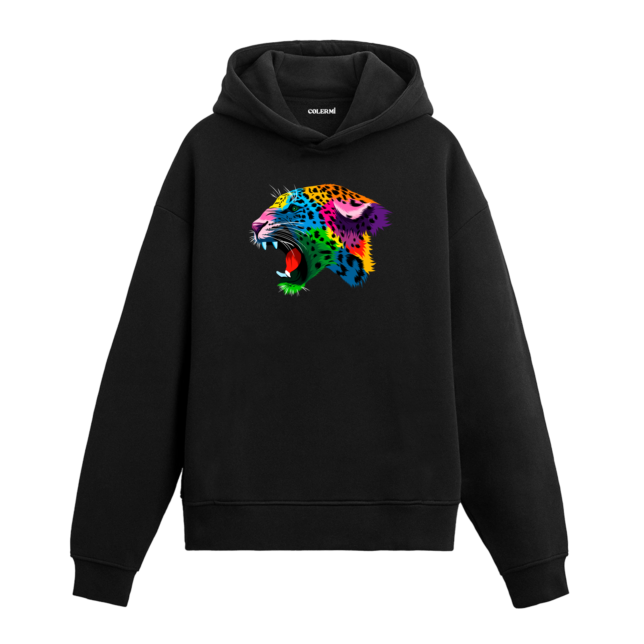 Renkli kükreyen leopar başı baskılı siyah hoodie