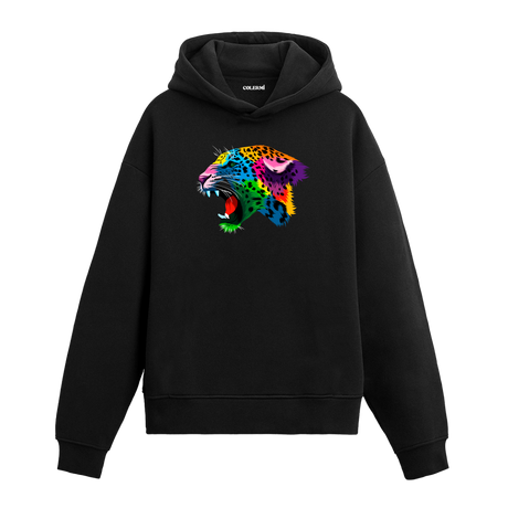 Renkli kükreyen leopar başı baskılı siyah hoodie