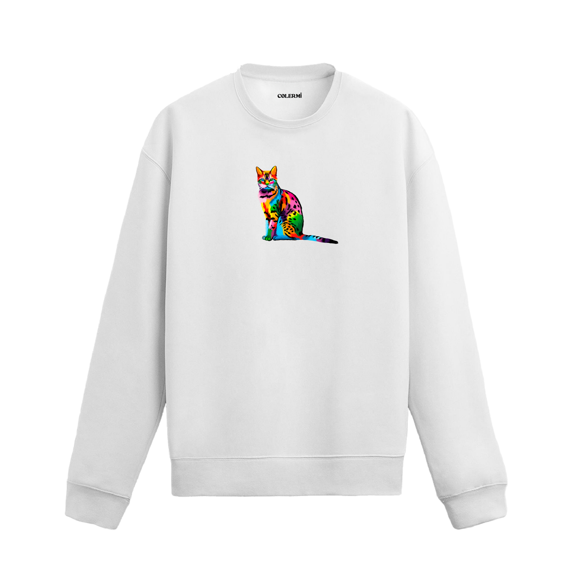 beyaz sweatshirt üzerinde leopar desenli renkli kedi baskısı.