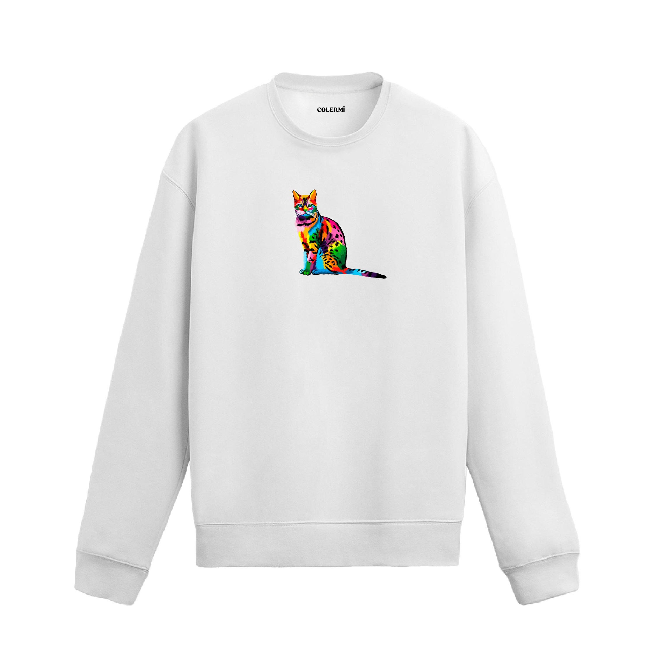 beyaz sweatshirt üzerinde leopar desenli renkli kedi baskısı.
