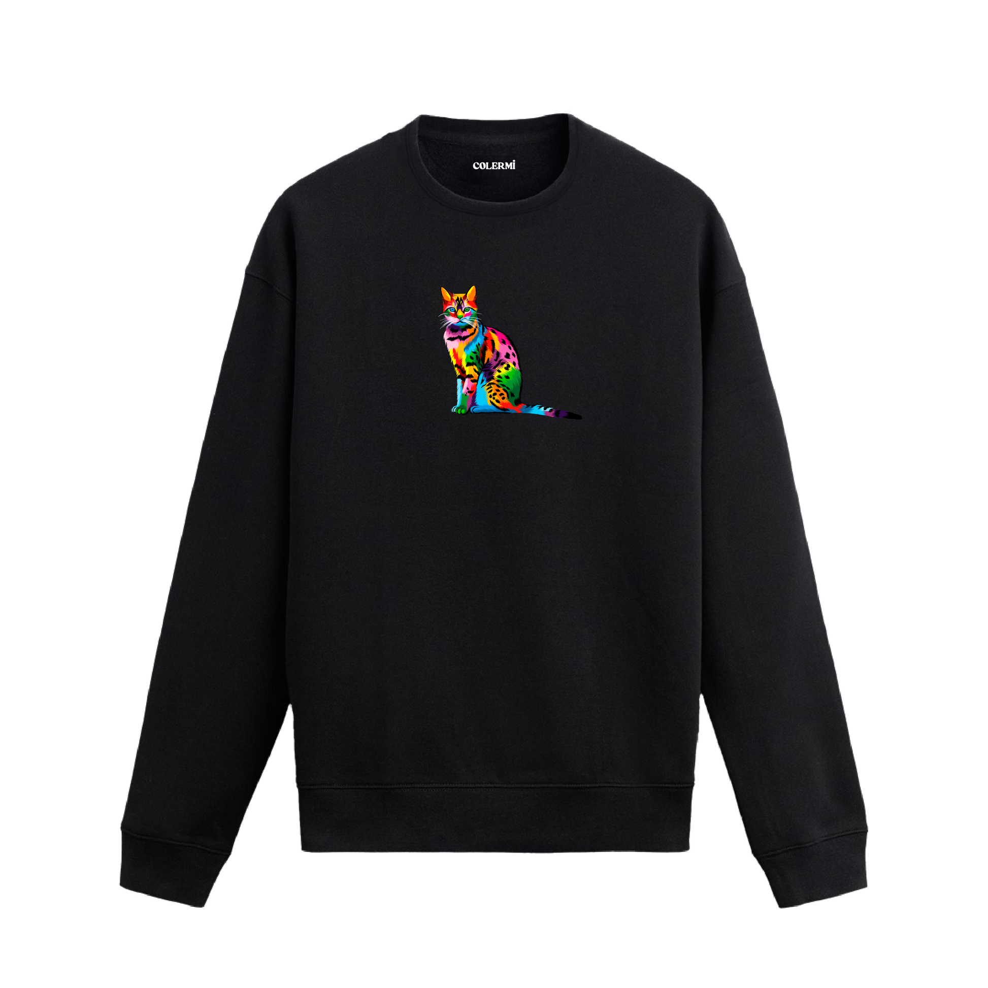 Siyah sweatshirt üzerinde leopar desenli renkli kedi baskısı.