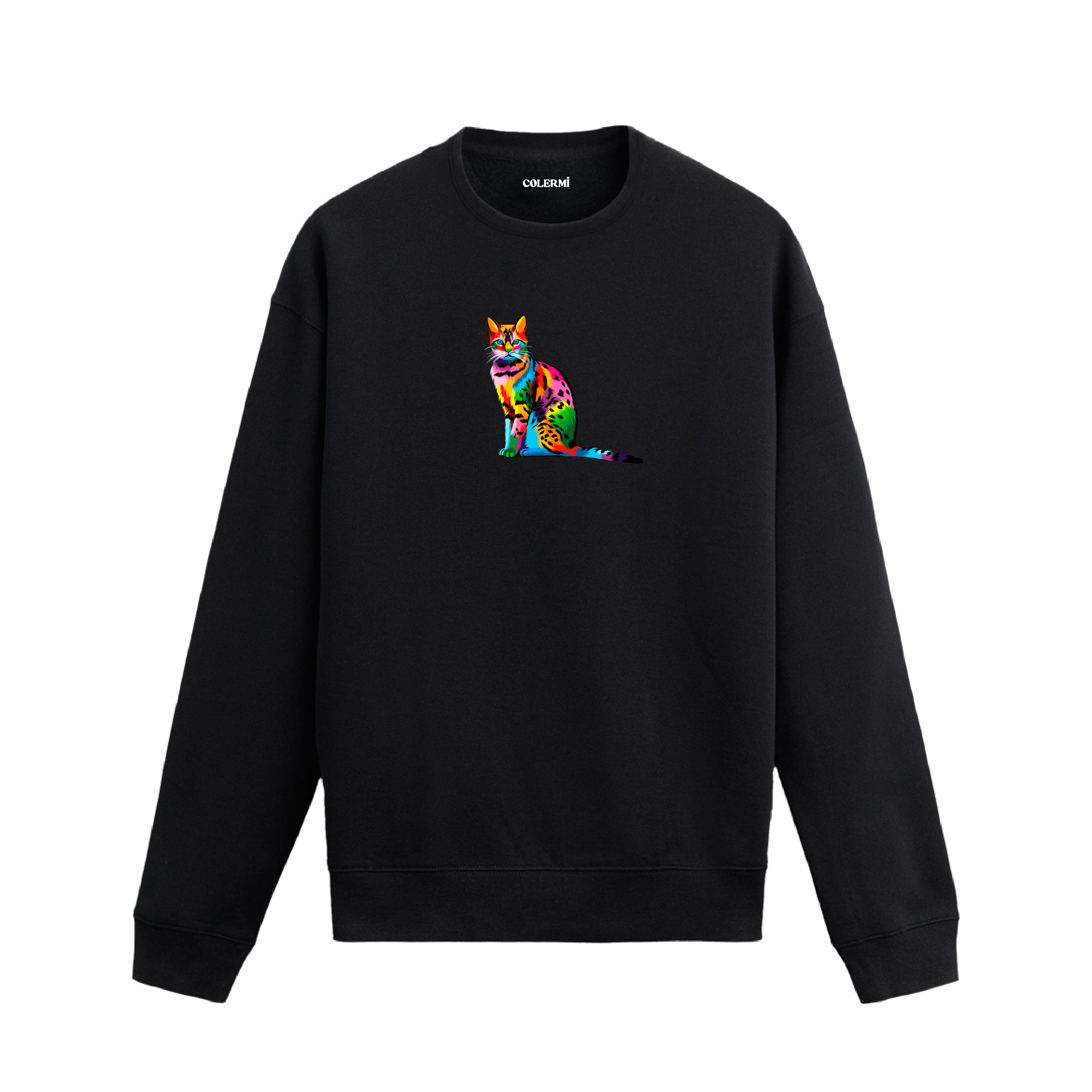 Siyah sweatshirt üzerinde leopar desenli renkli kedi baskısı.