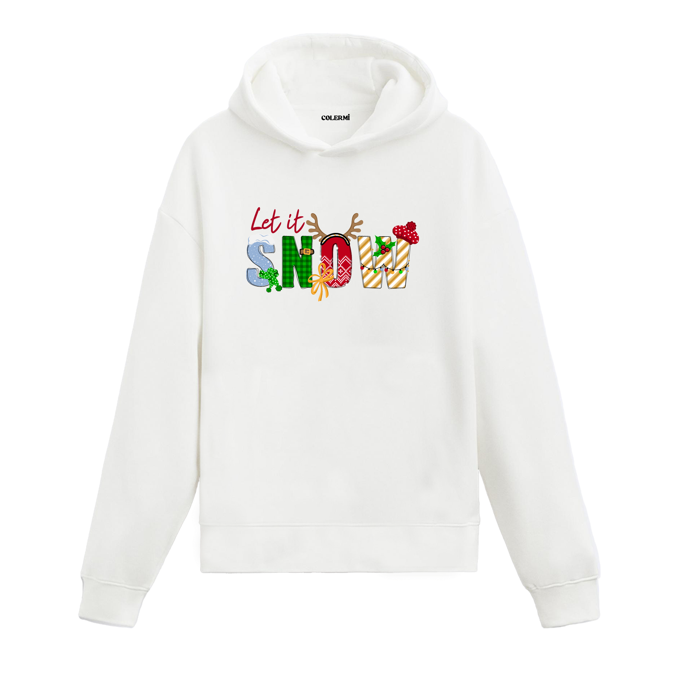 Beyaz hoodie, Let it SNOW yazılı baskı Noel detaylı geyik boynuzlu ve kurdeleli, pamuklu unisex hoodie