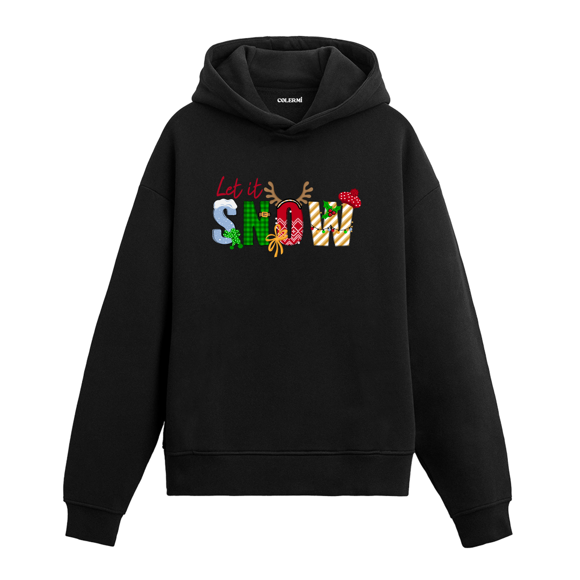 Siyah hoodie, Let it SNOW yazılı Noel temalı baskı geyik boynuzu ve şekerleme detaylı, pamuklu unisex hoodie