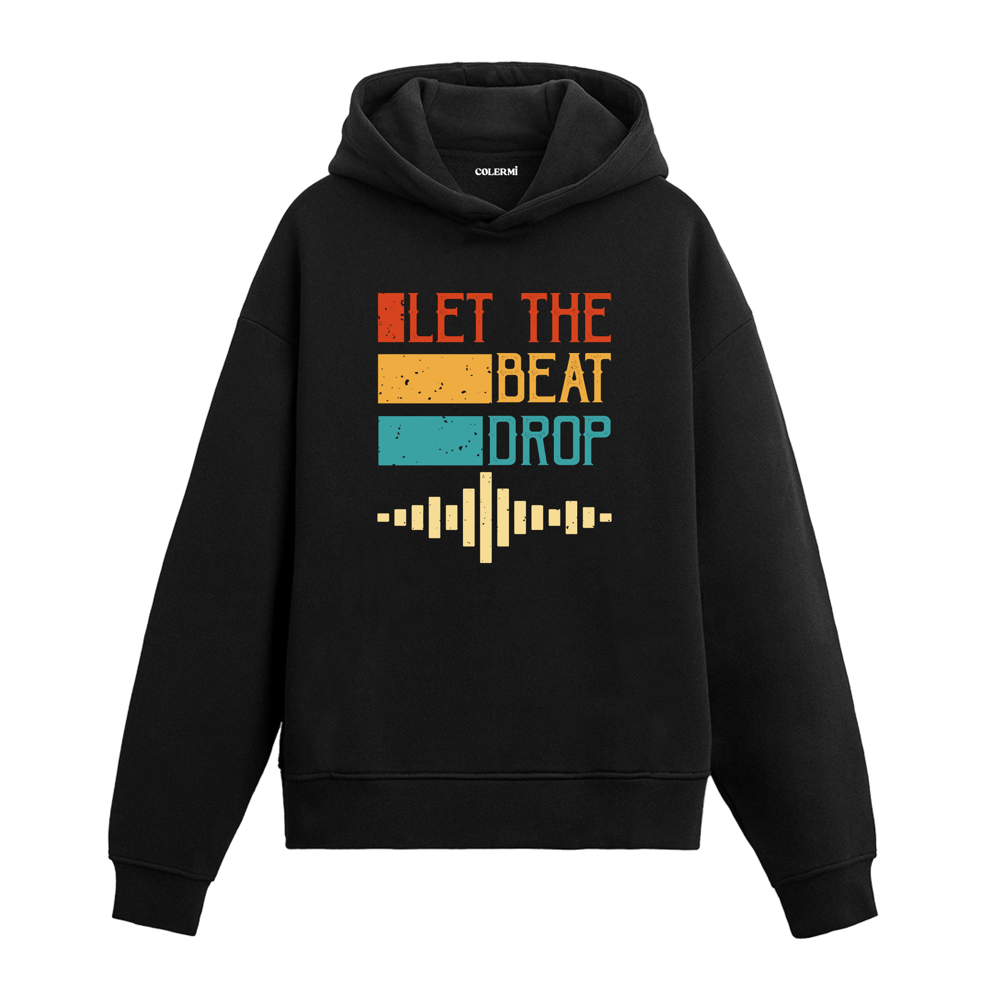 Let The Beat Drop yazılı siyah hoodie – müzik temalı ses dalgası baskılı tasarım