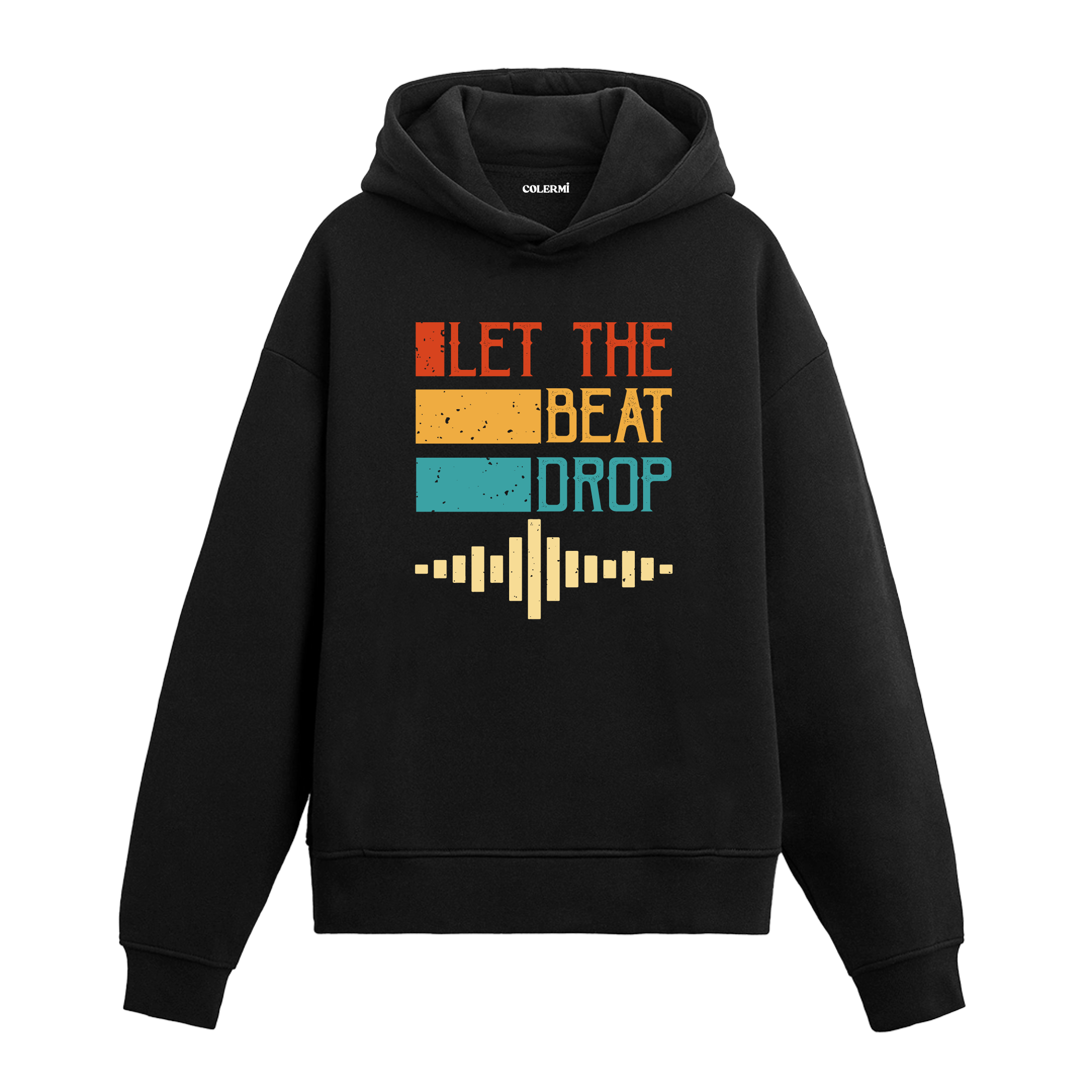 Let The Beat Drop yazılı siyah hoodie – müzik temalı ses dalgası baskılı tasarım