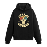 Let’s Drink Ghouls yazılı siyah hoodie – eğlenceli hayalet ve içecek figürlü retro tasarım