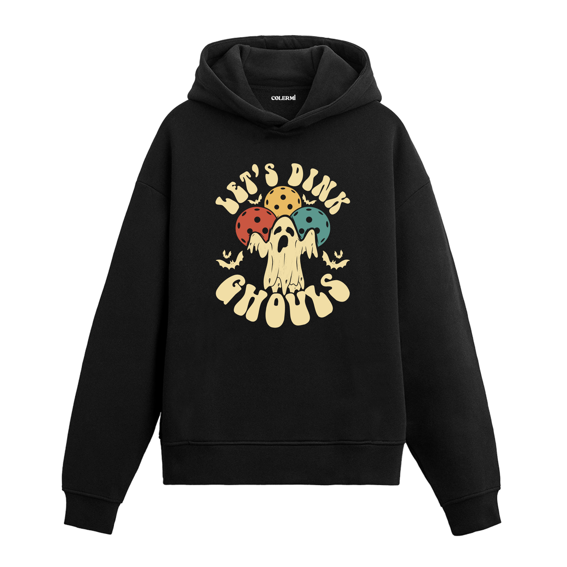Let’s Drink Ghouls yazılı siyah hoodie – eğlenceli hayalet ve içecek figürlü retro tasarım